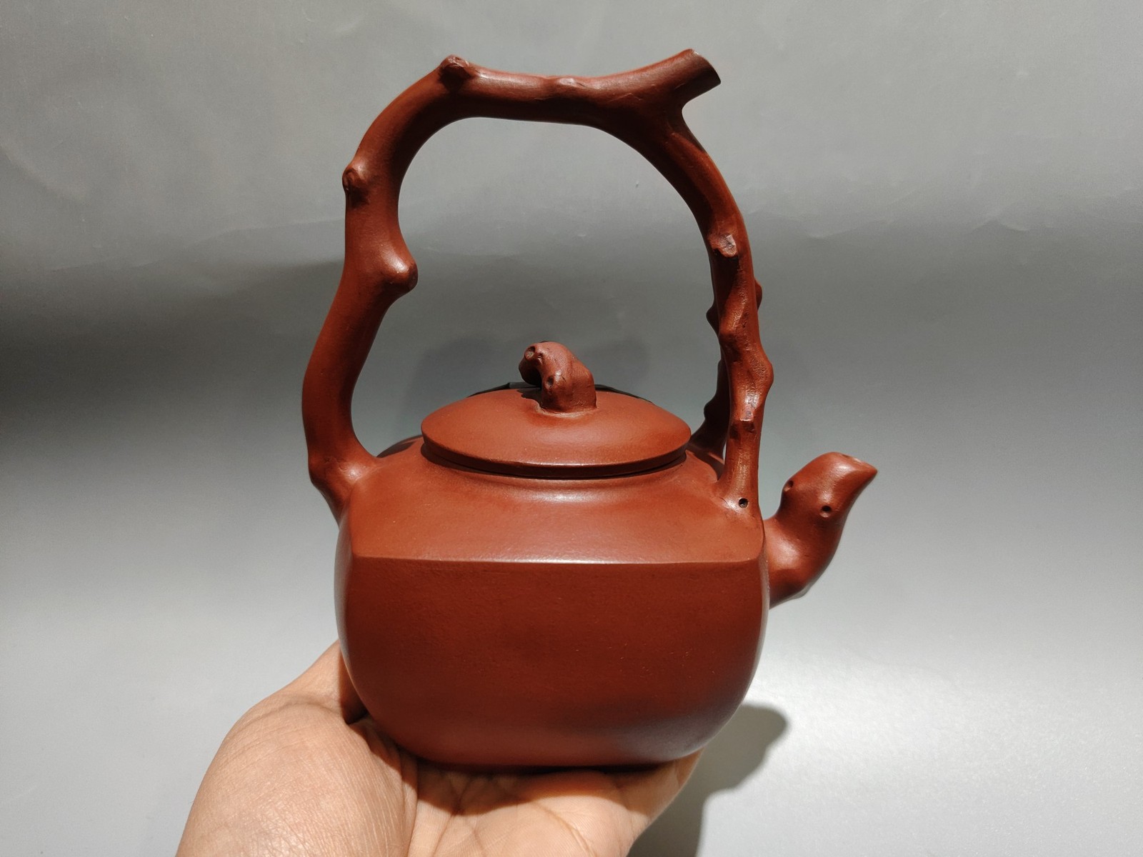 5.9″China Yixing Zisha Pottery red Clay 380CC square longevity peach beam Teapot