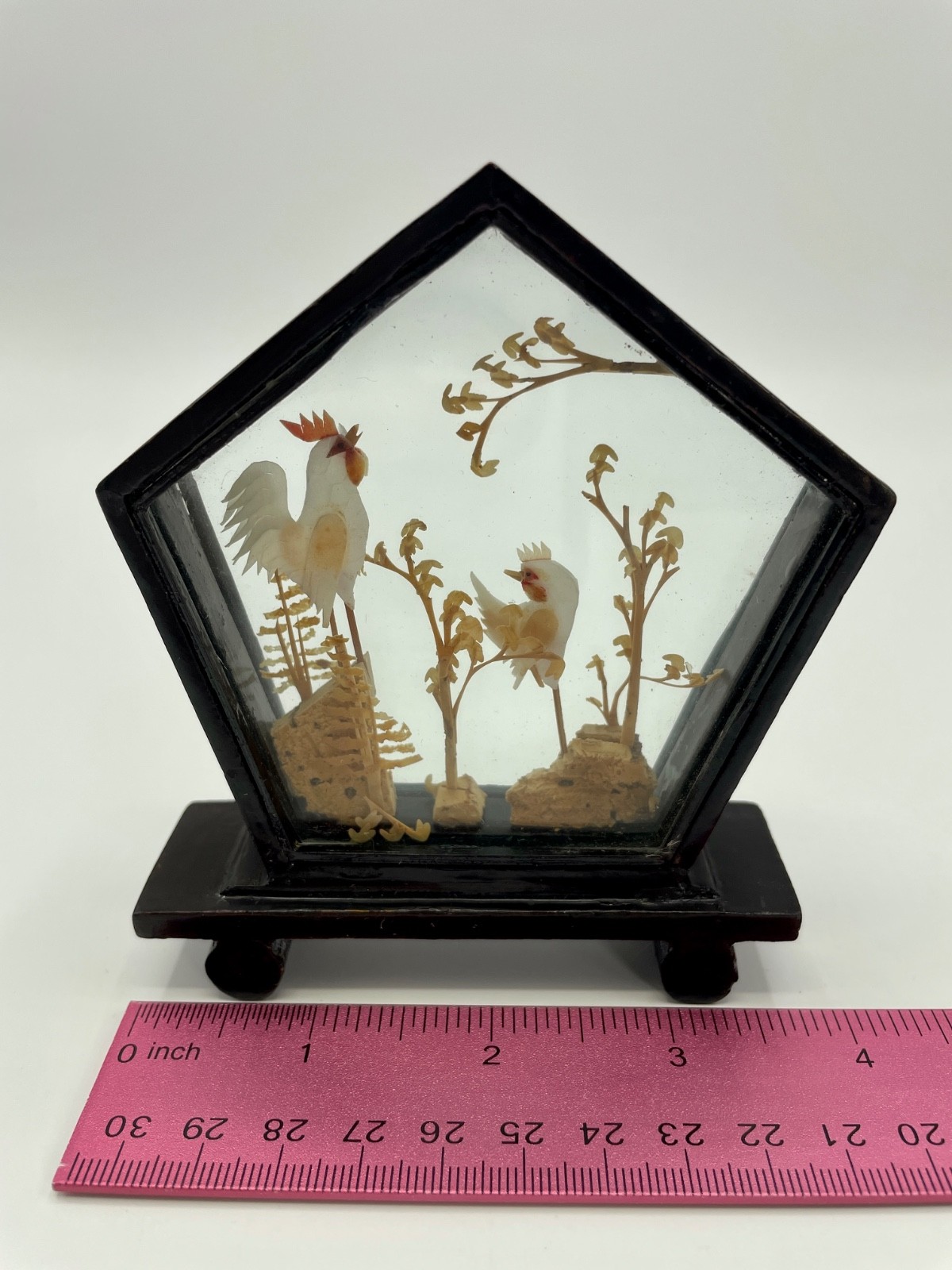 Vintage Chinese Diorama Cork Carving Hexagon Wooden Glass Case Roosters