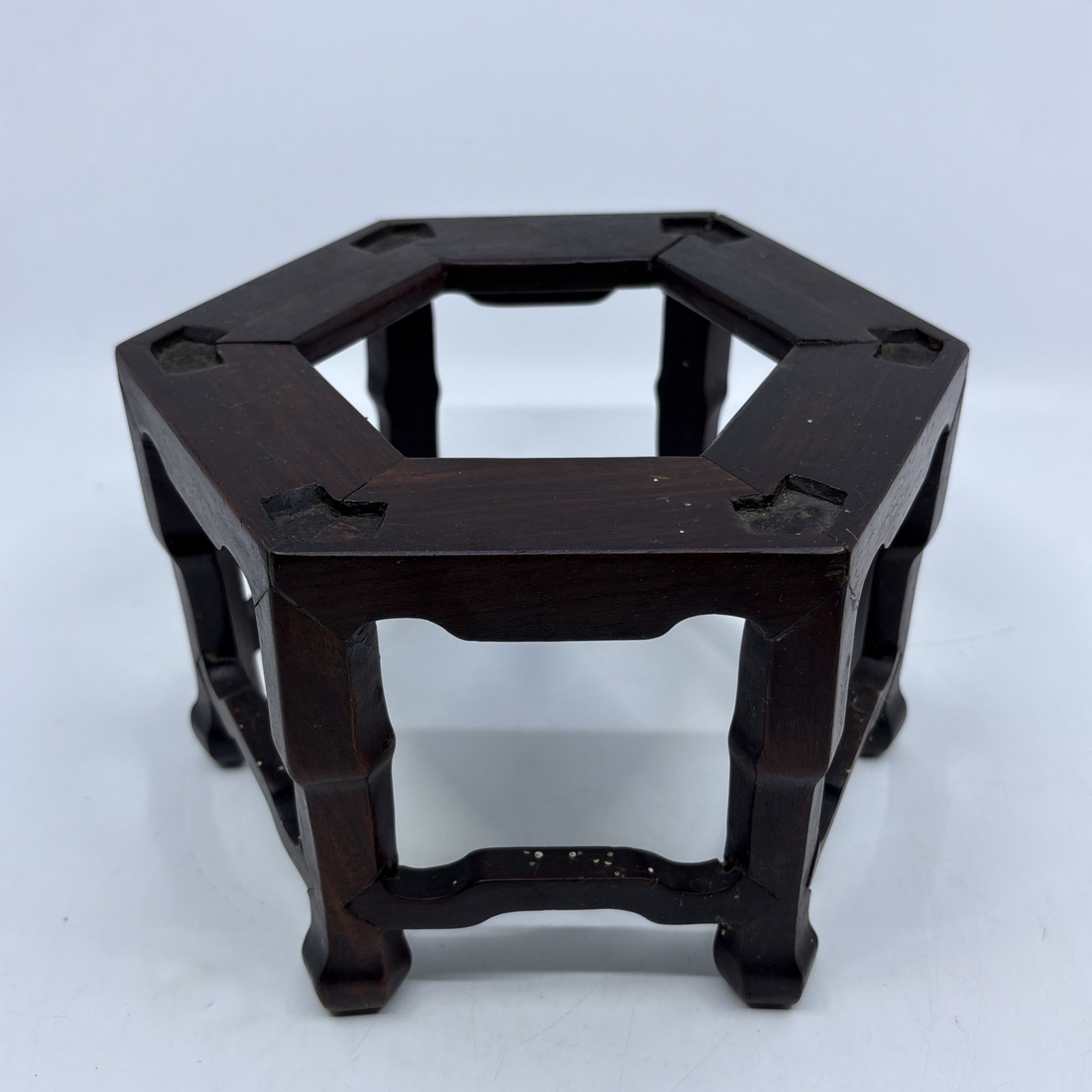 Vintage Chinese Wooden Hexagon Display Stand Vase Plant Asian Lamp Base Footed