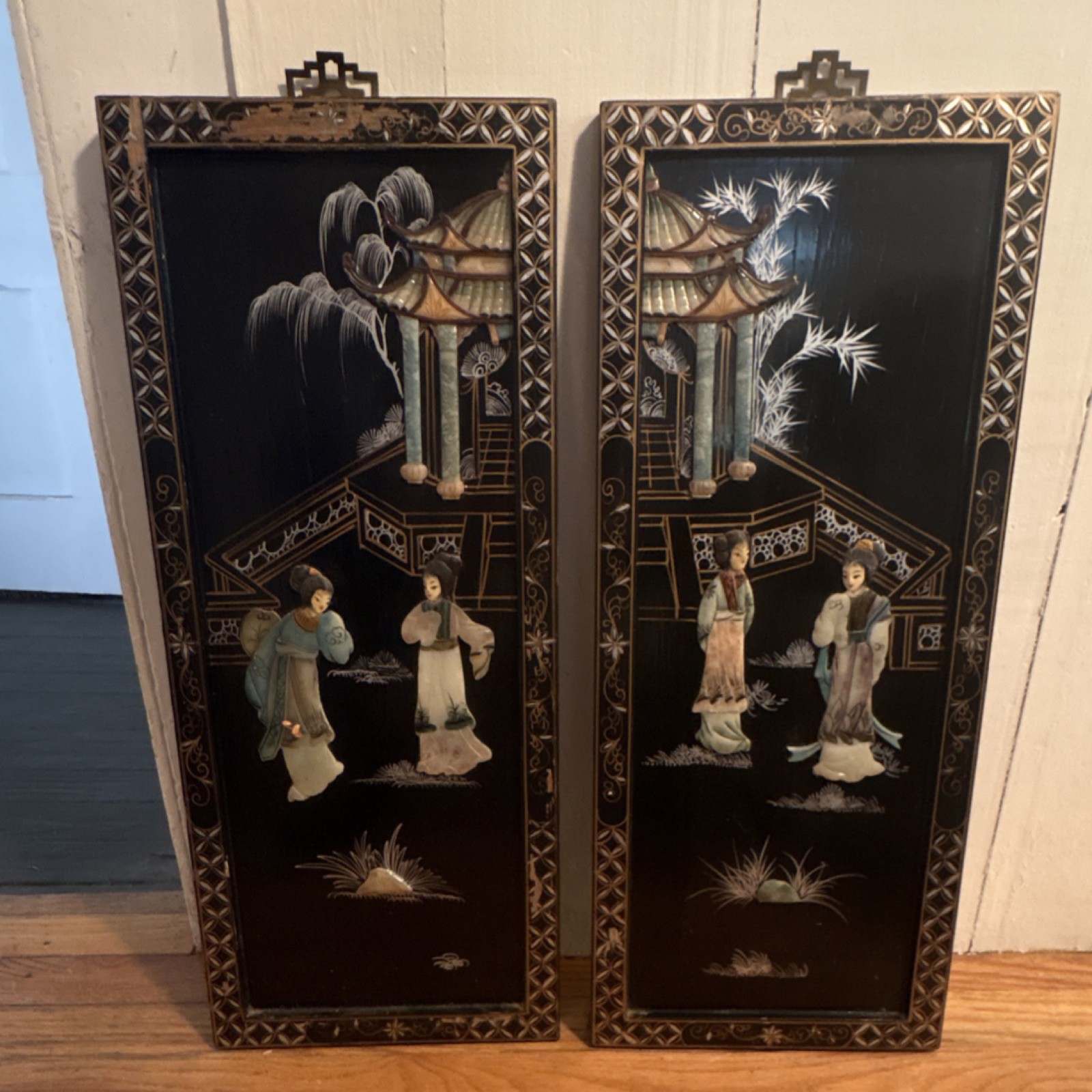 Pair Vintage Chinese Black Lacquer Applied Hardstone Court Figures, MOP Inlay