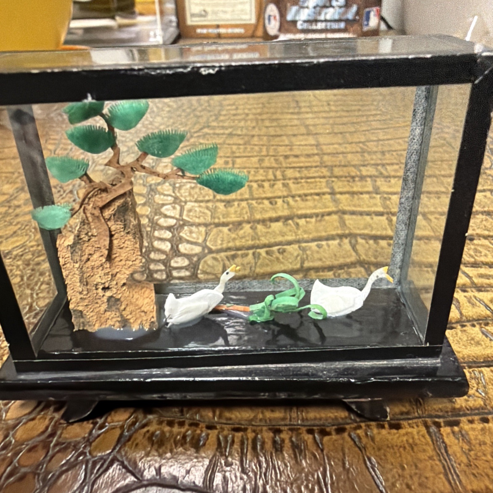 Vintage Asian Oriental Hand Carved Cork Art Shadow Box Diorama 3D Egret Pagoda