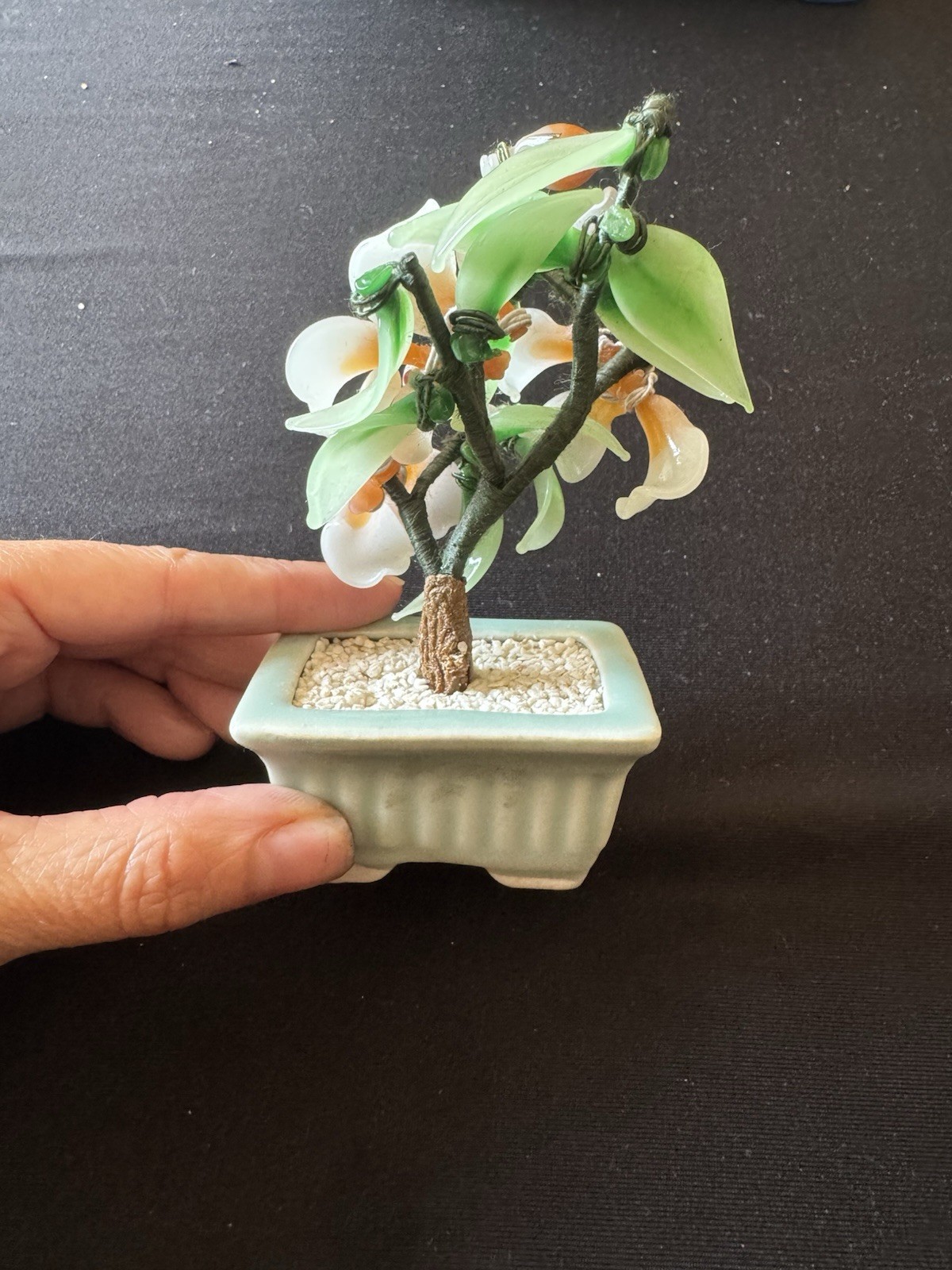 Vintage Glass/Jade Bonsai Tree Dark Green Leaves Peach Flowers Green Base