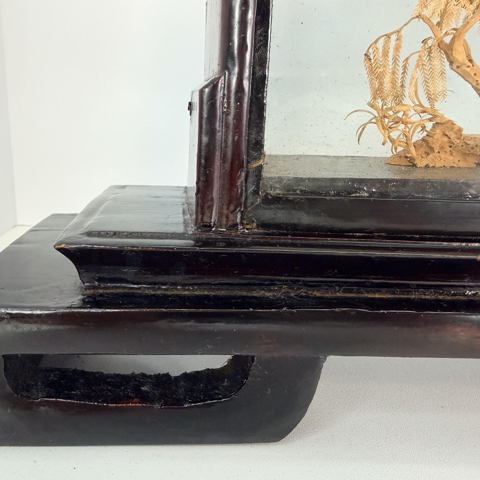 Vintage San You Chinese Cork Diorama Glass Case Black Wood Plinth 19.5×10″x3.5″