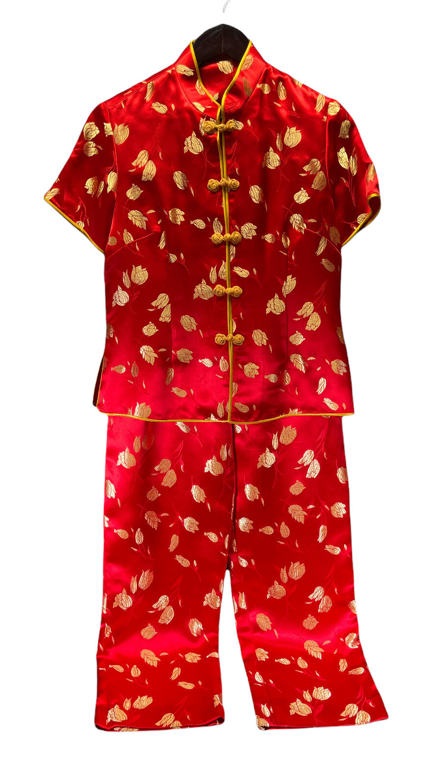 Chinese New Year Red Gold Silk Floral Top Zip Pant Outfit Womens Size M