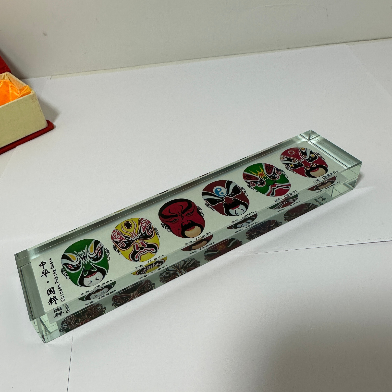 Chinese Peking Opera Transparent 7″ Block With Faces With Box Used Free Shipping
