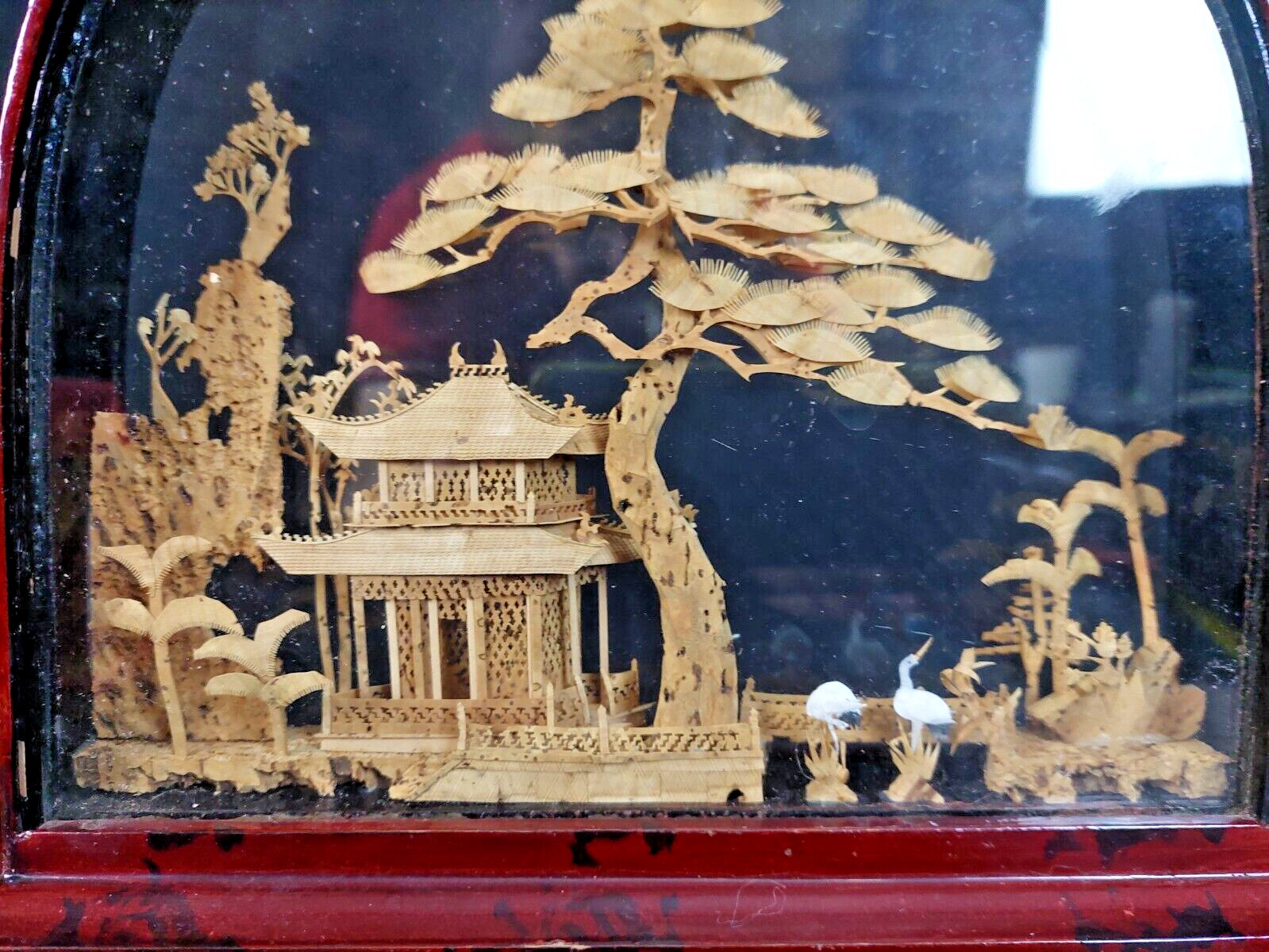VINTAGE CHINESE SAN YOU DIORAMA CORK CARVING GLASS CASE PAGODA TREES & CRANES