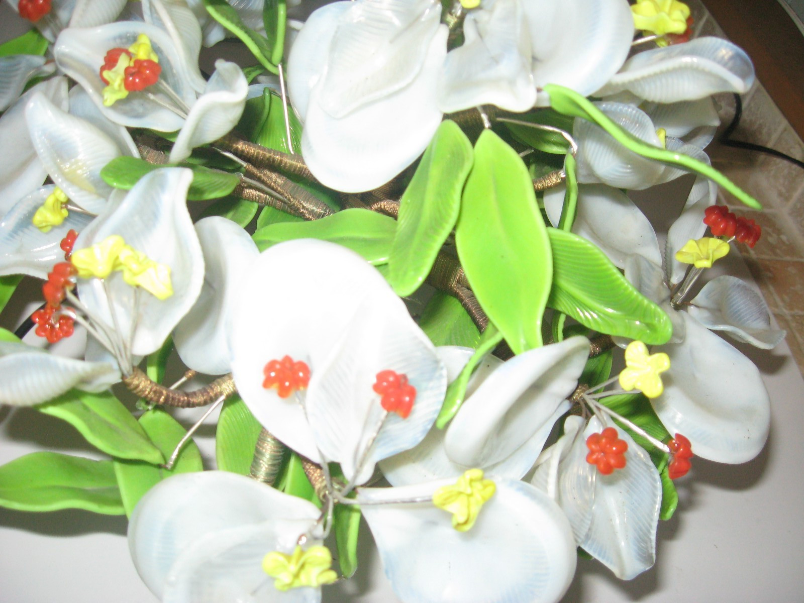 Large Jade/Glass Flower Arrangement Wrapped Wire~Crystal Base~13x14x11 Vintage