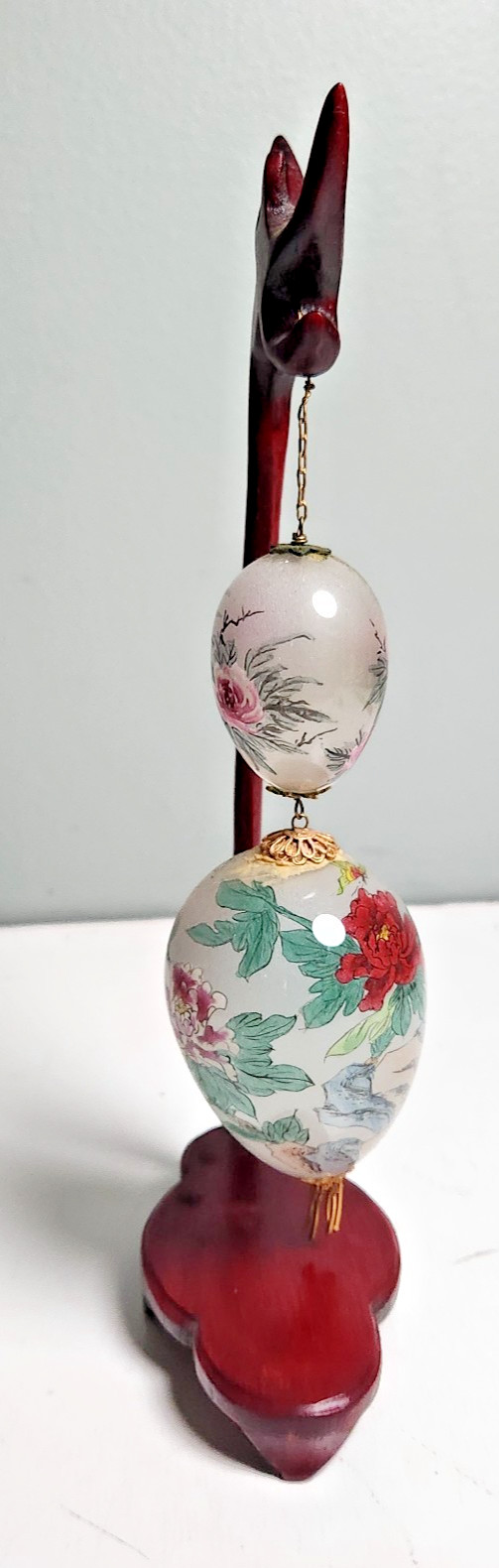 Vintage Chinese Reverse Hand Painted Glass Egg Hanging Wood Display
