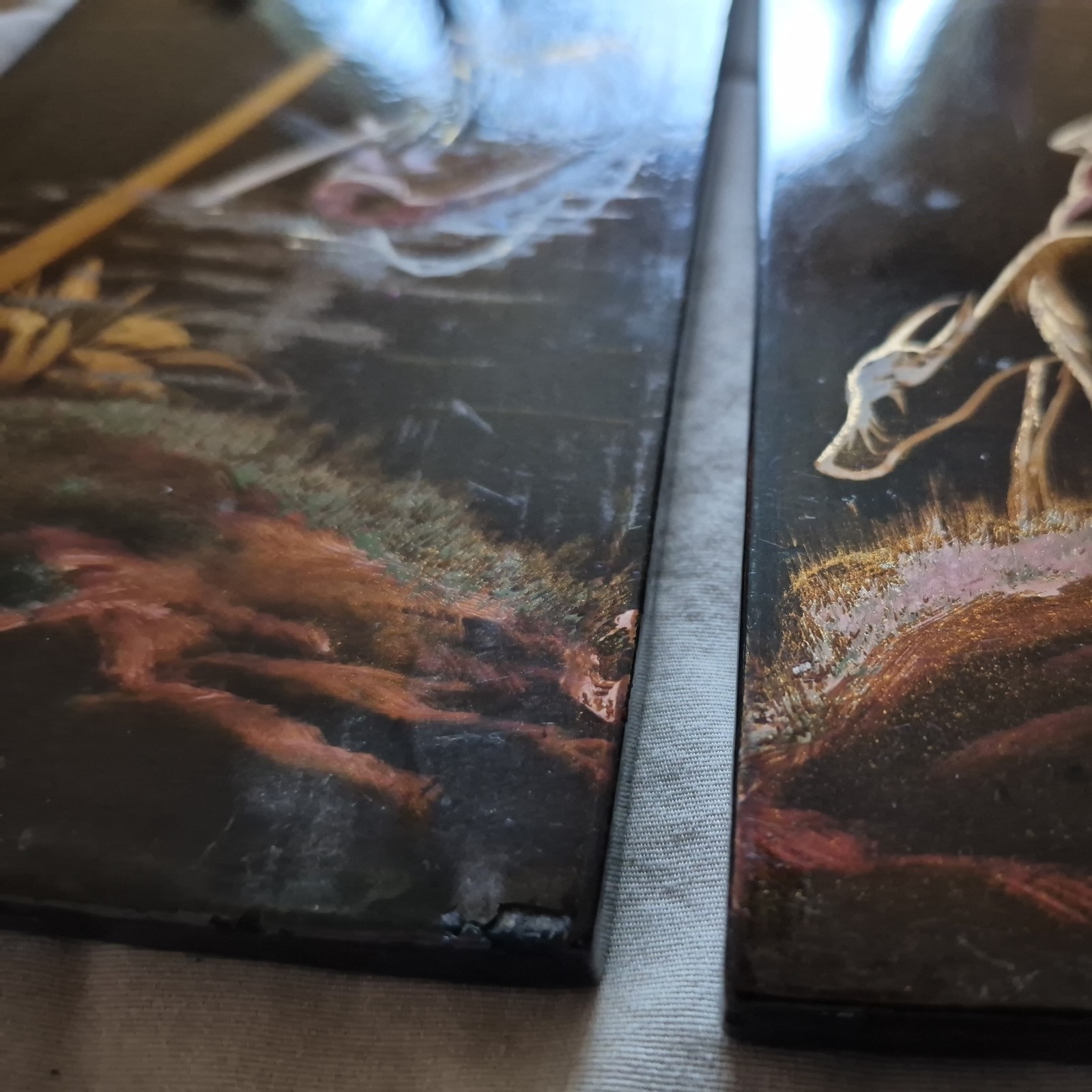 4 Vintage Asian Vietnamese Hand Painted Black Lacquer Wall Art Plaque Panels