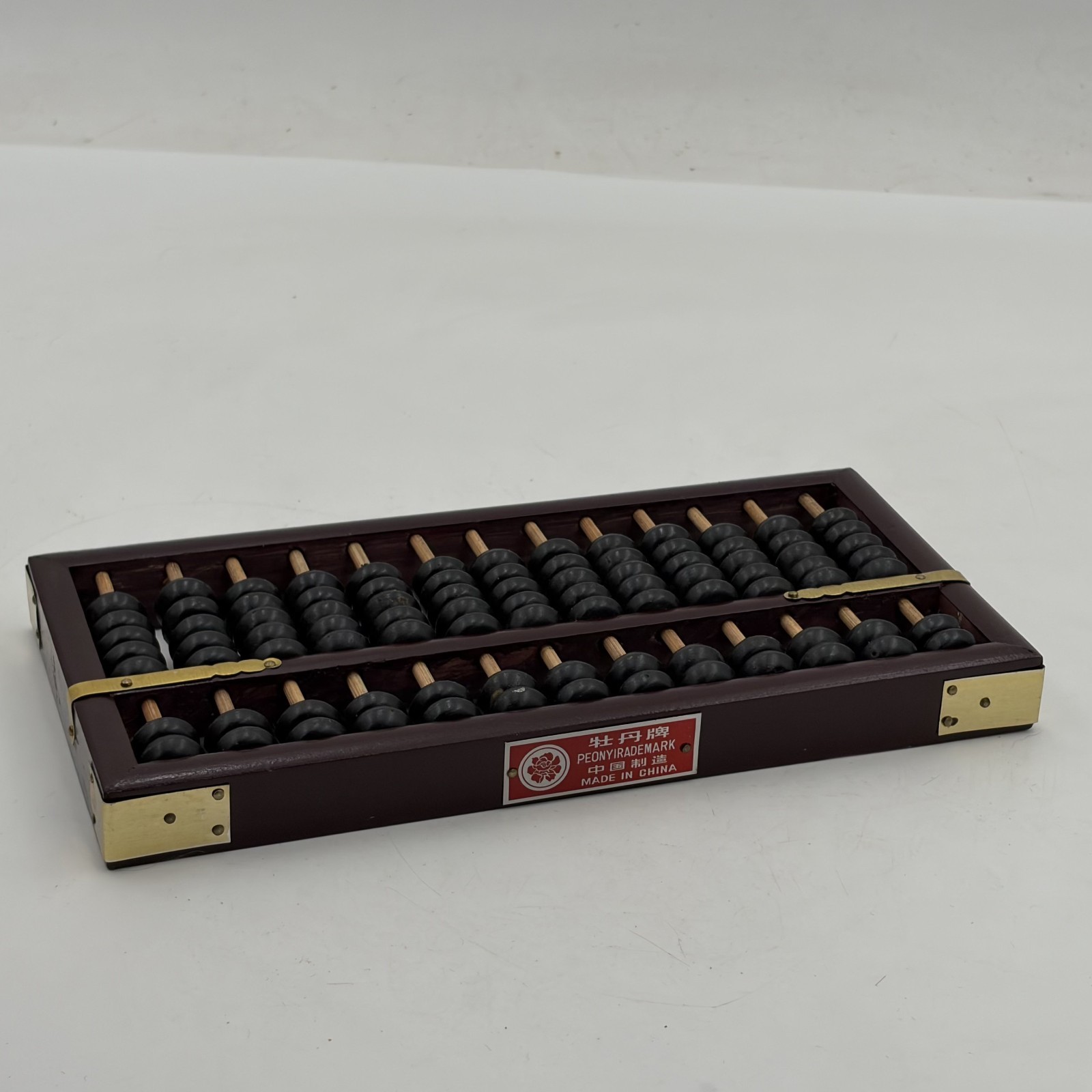 Vintage Chinese Abacus 13 Row 91 Bead Wood & Brass Lotus Flower Brand Calculator
