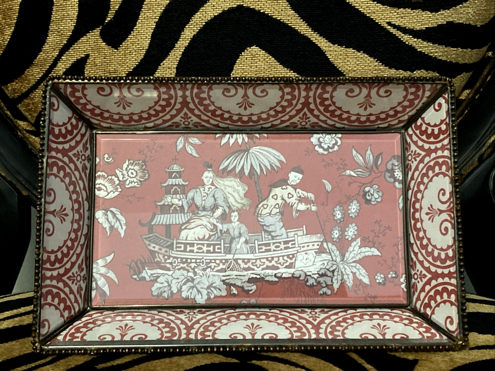 Vintage Chinoiserie Leaded glass Tray Chinese Culture Designs Reddish Pink