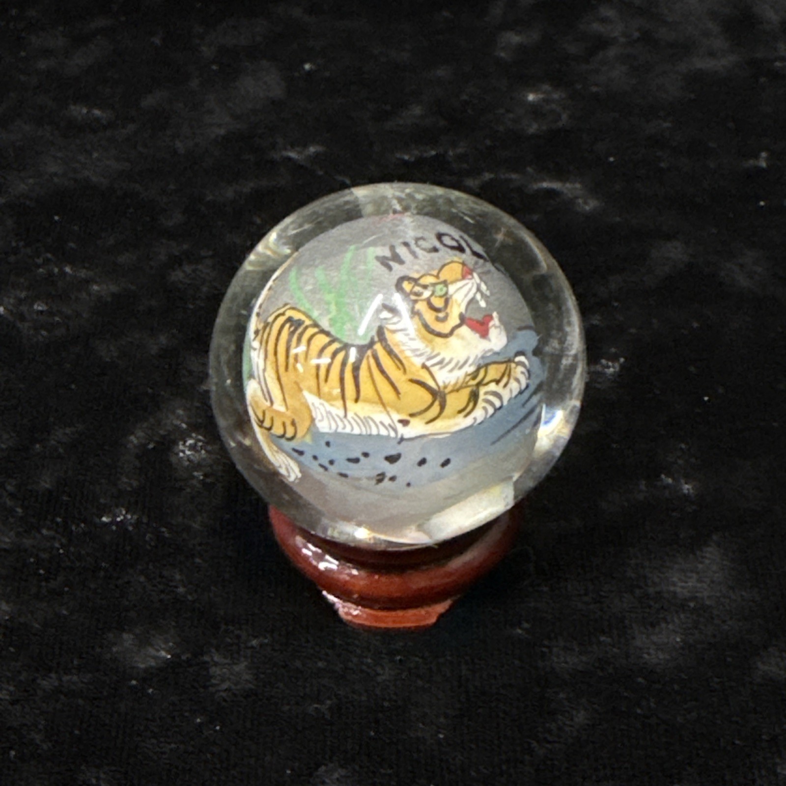 Chinese reverse painted Glass Ball Sphere Orb Tiger w/Stand 1 3/4″ x 1 1/2″