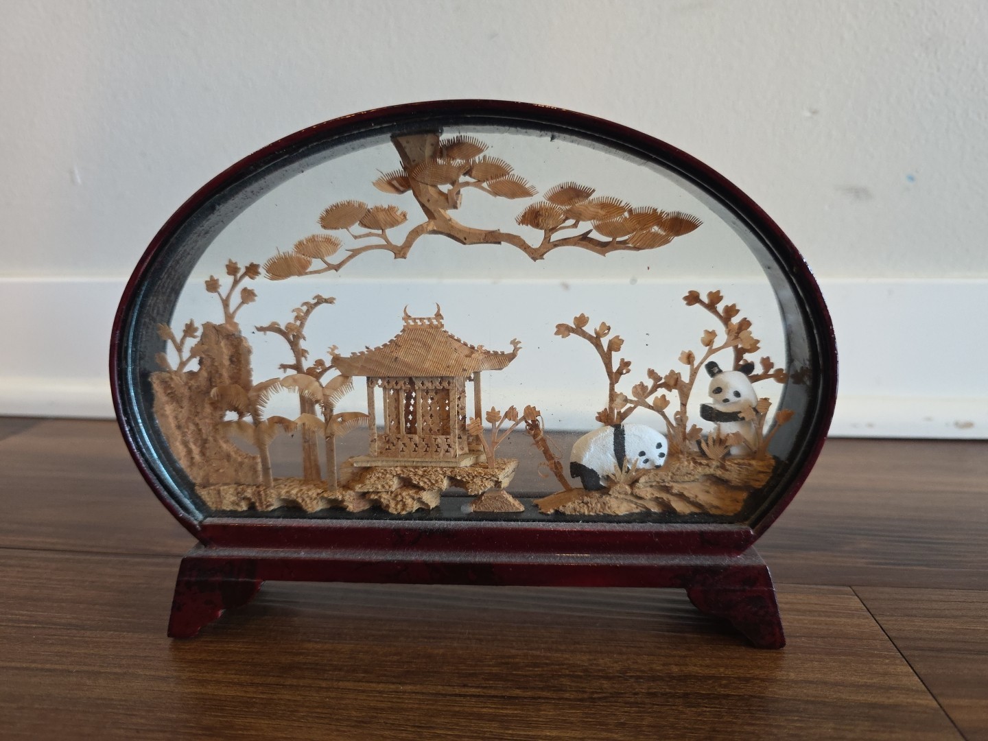 World Market Carved Corkwood Diorama Pandas Chinese Vintage