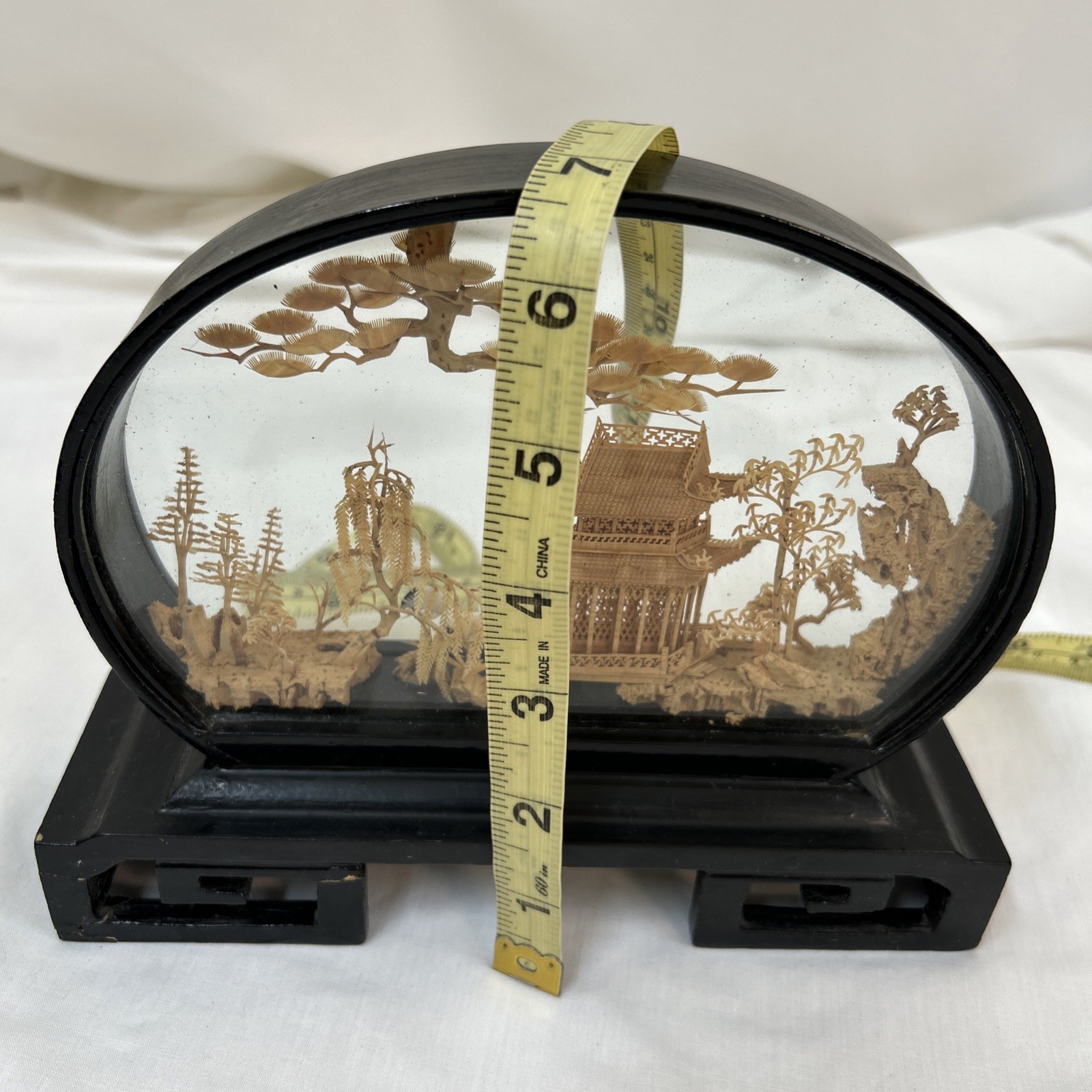 Set Of Vtg Oval Chinese Cork Art Hand Carved Diorama Pagoda Cranes Trees Cliff
