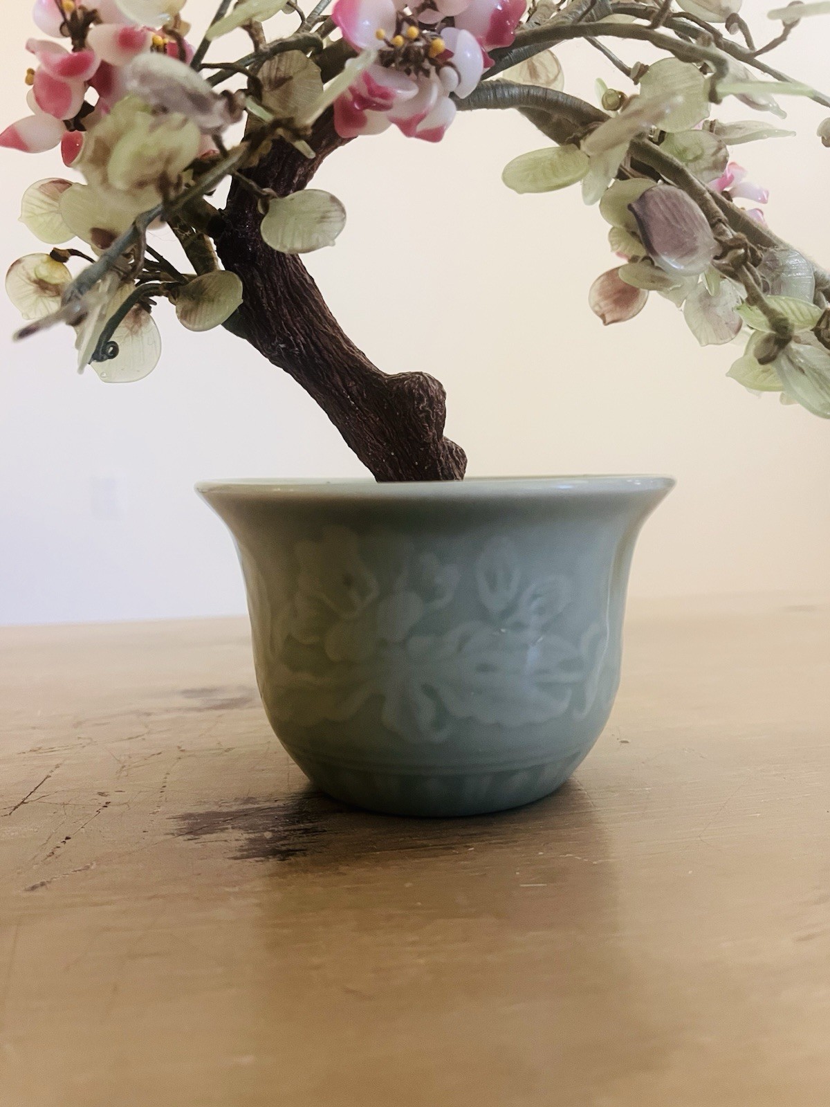 Vintage Chinese Glass Bonsai Cherry Blossom Tree W/ Celadon Pot