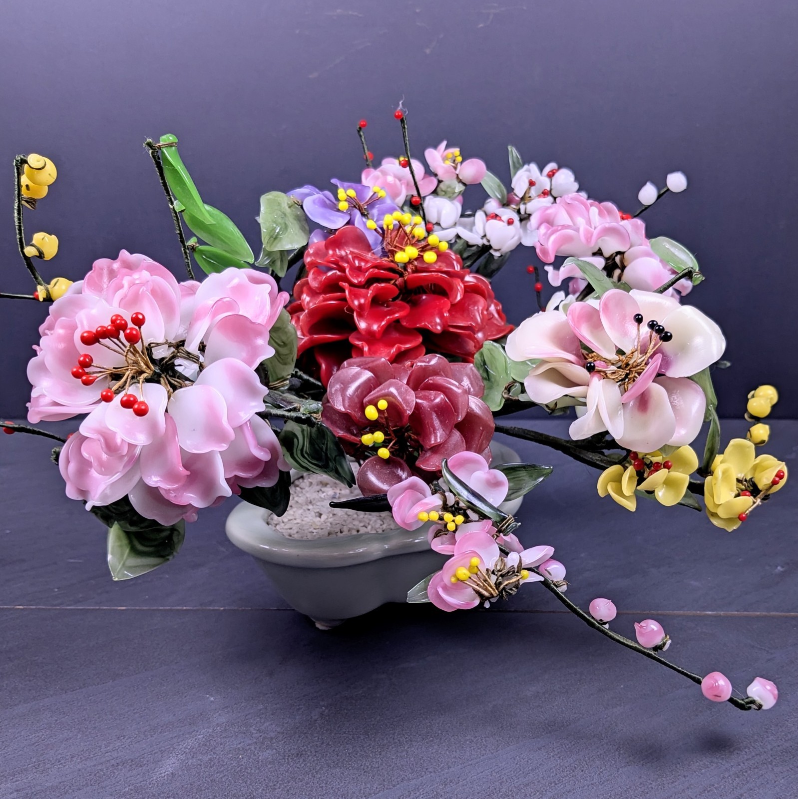 Vintage Jade Style Glass Flower Arrangement Asian Bonsai Planter Pink Red Purple