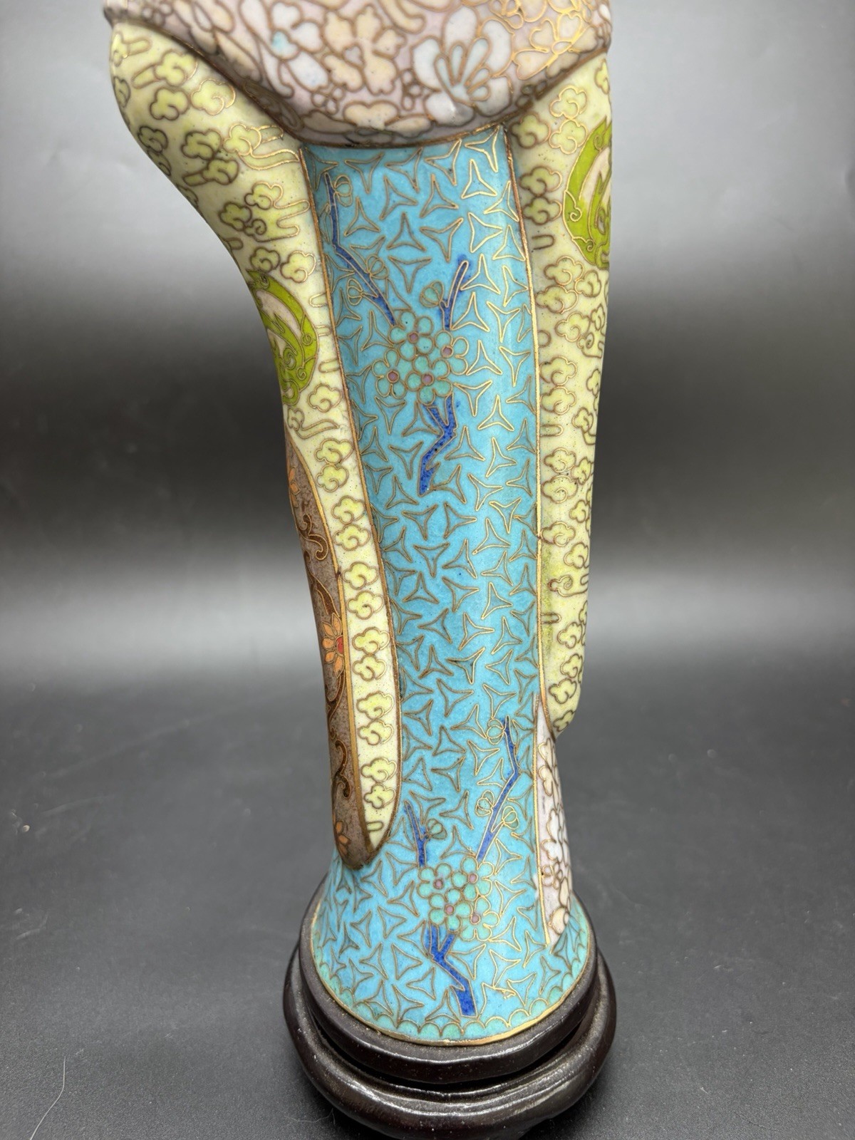 Gorgeous VTG Traditional Cloisonne Lady Figure Brass Enamel On Wood Base 13.5”