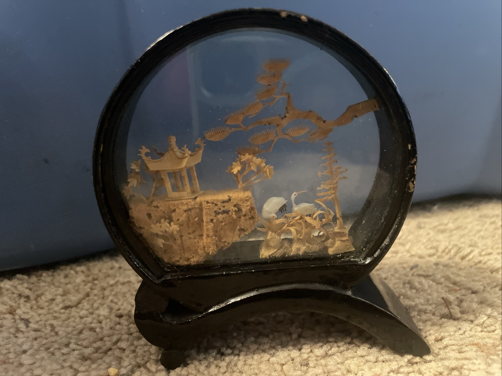 Vintage 4″ Asian Cork 3D Art Carving Pagoda Cranes Diorama Lacquer Frame