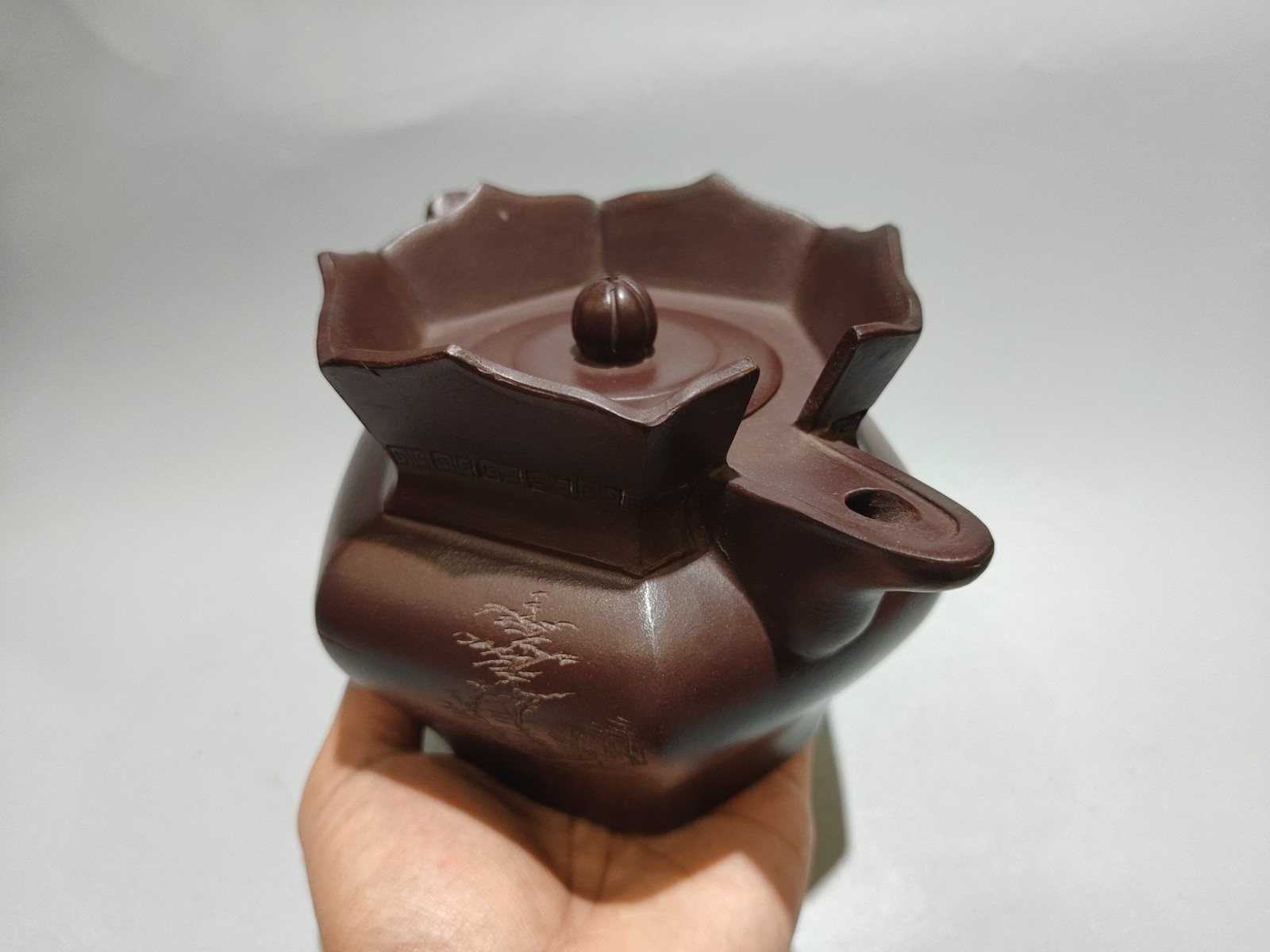 7″ Chinese Yixing Zisha Pottery Purple Clay 450CC Six Sided Monk’s Cap Teapot