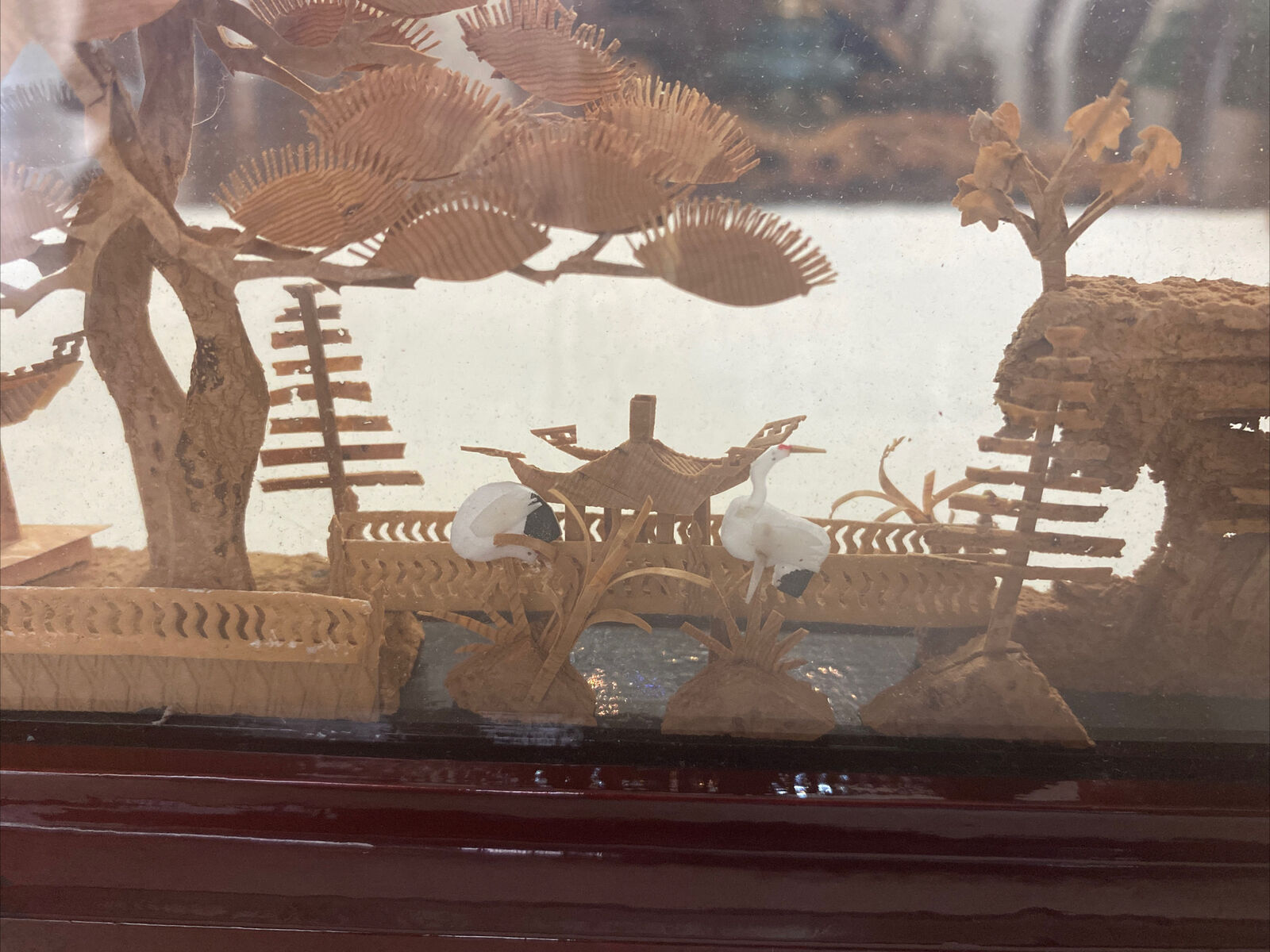 Vintage Large Chinese Cork Art In Glass Box Birds Garden Soothing Scenery 14” L