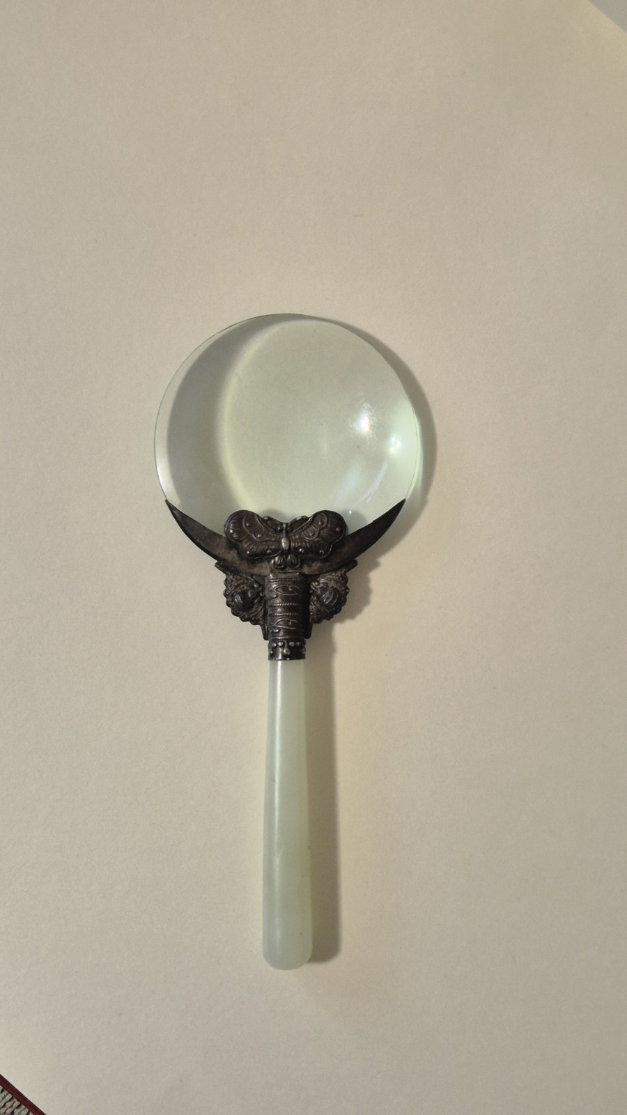 Antique 1900s Jade Stone Handle & Silver Filigree Magnifying Glass Jadeite