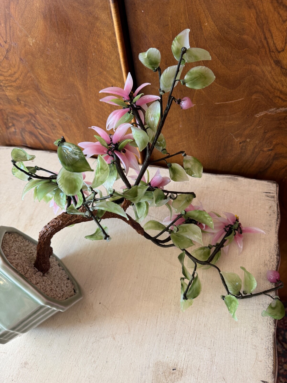 CHINESE JADE QUARTZ GLASS FLOWER TREE VINTAGE CELADON VASE PINK
