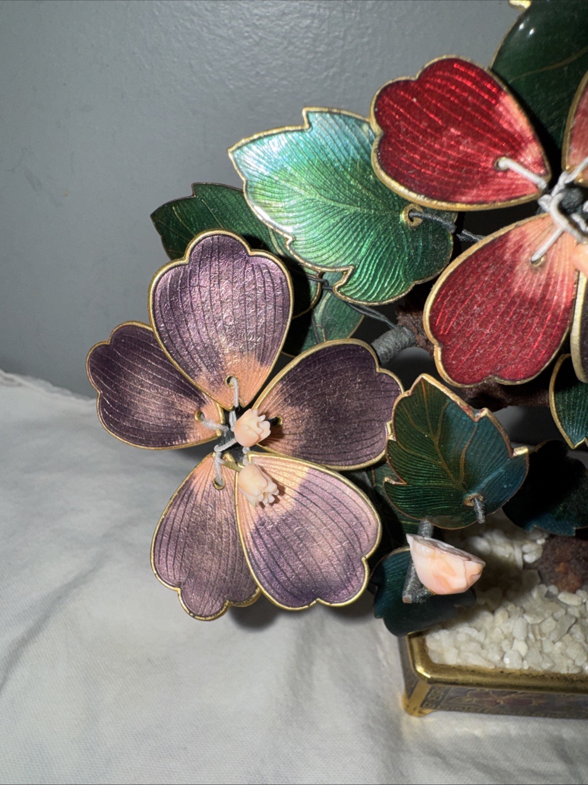 Cloisonne Enamel and Metal Bonsai Tree w/ Pot Colorful Flowers 7.5” Vintage