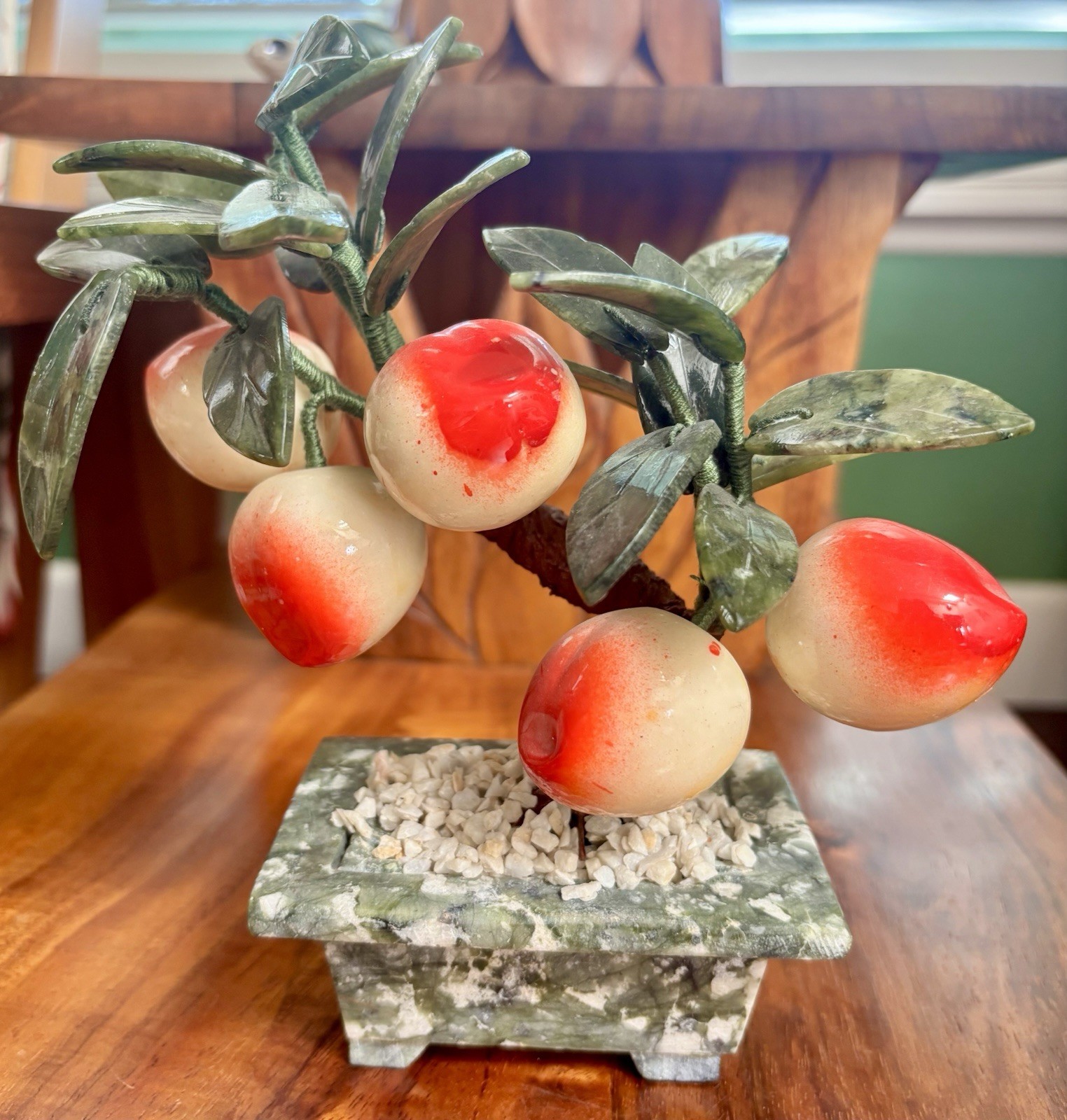 VTG Chinese Glass Jade Bonsai Tree with Plums in Rectangular Planter 7.5″ Tall
