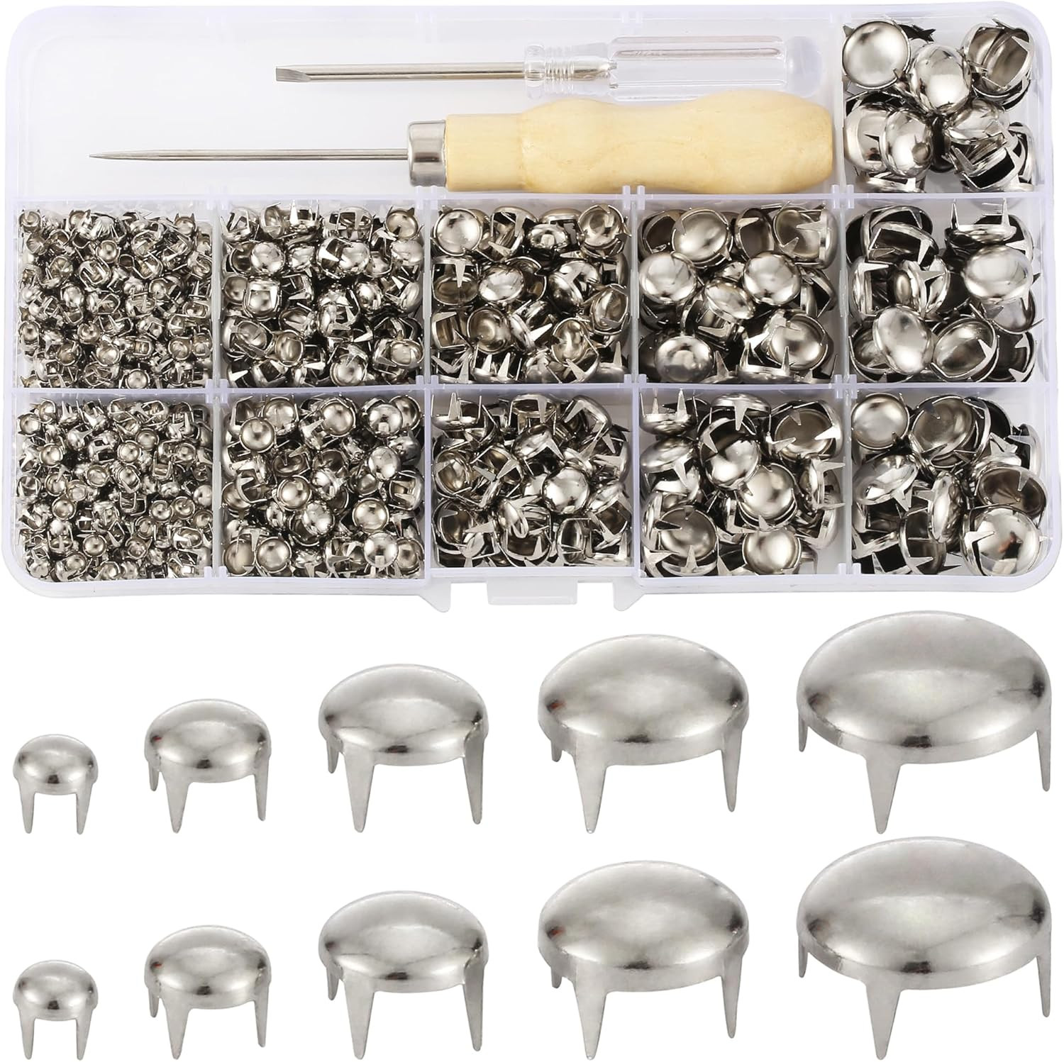 1220Pcs Silver Pyramid Stud Rivets Kit Leather Craft Clothing DIY Set