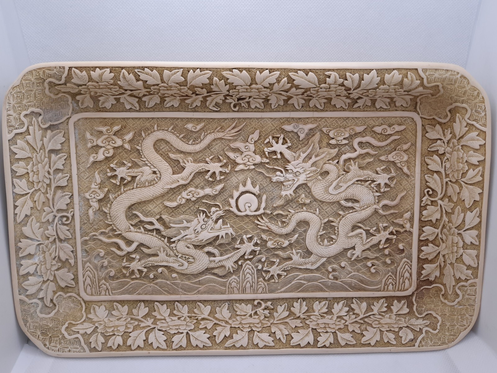 Vintage Asian Carved Resin High Relief Dragons Flaming Pearl and Florals Tray