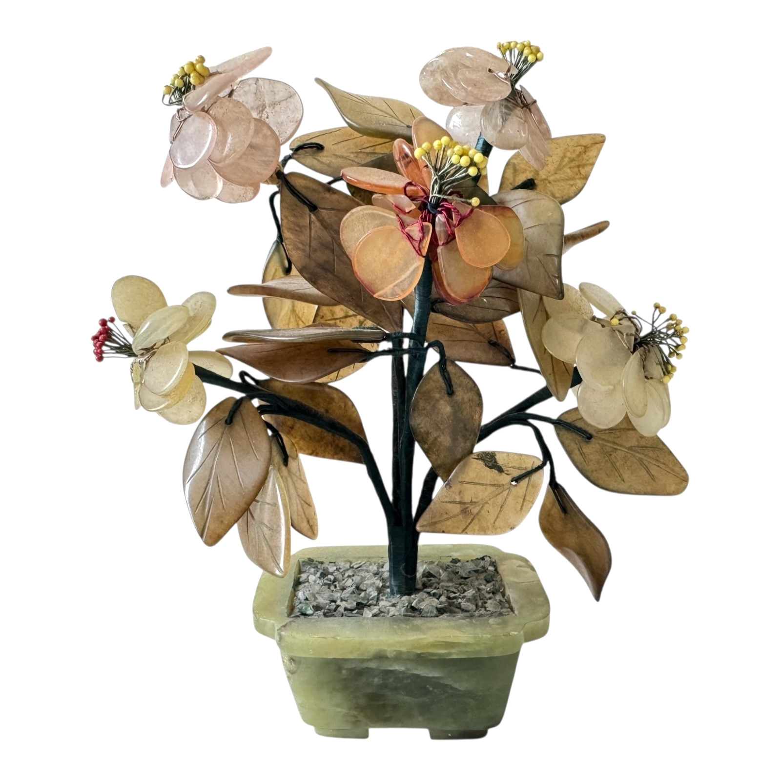 Vintage Chinese Carved Jade and Agate Bonsai Flower Tree Sculpture