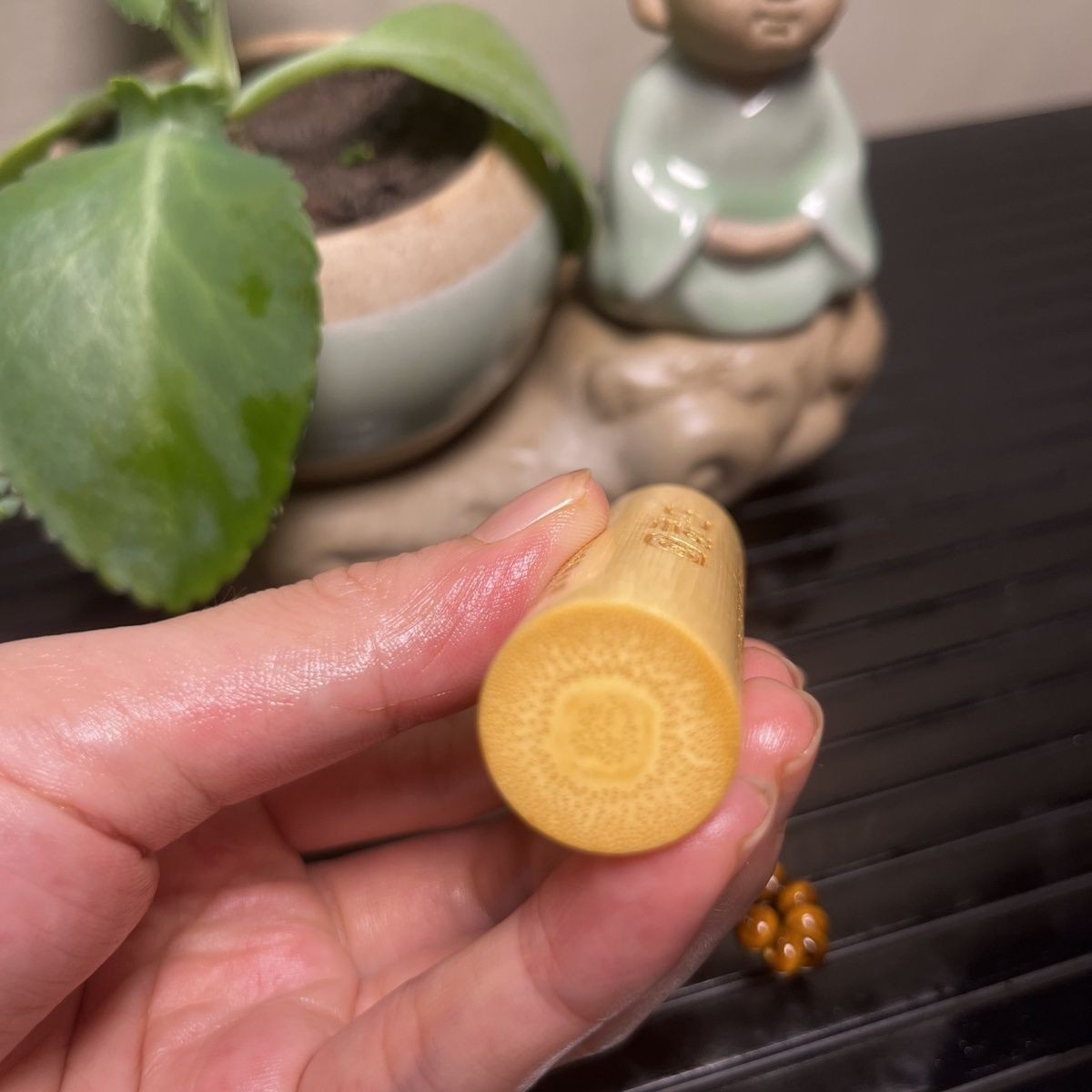 Premium Solid Jade Bamboo Hand-Carved Hundred Blessings Handle Piece Decorative