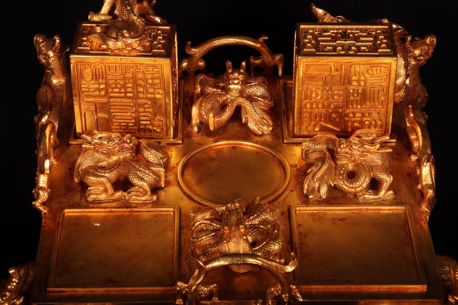A Bronze 24K Gold Gilt Dragon Beast Seal Stamp Set
