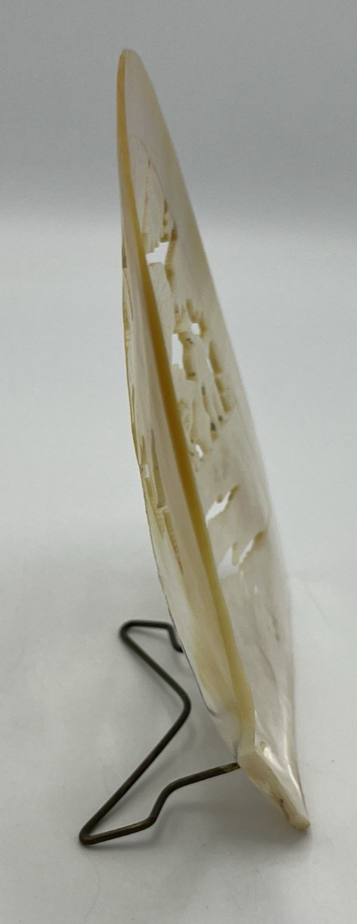 Carved Mother of Pearl Shell Asian Scene with Stand 6″ Tall