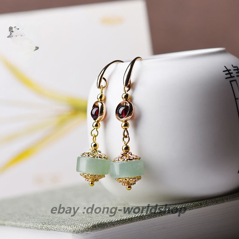 China Dongling Jade/Garnet/Alloy Tibetan Style Exquisite Earbob Earrings