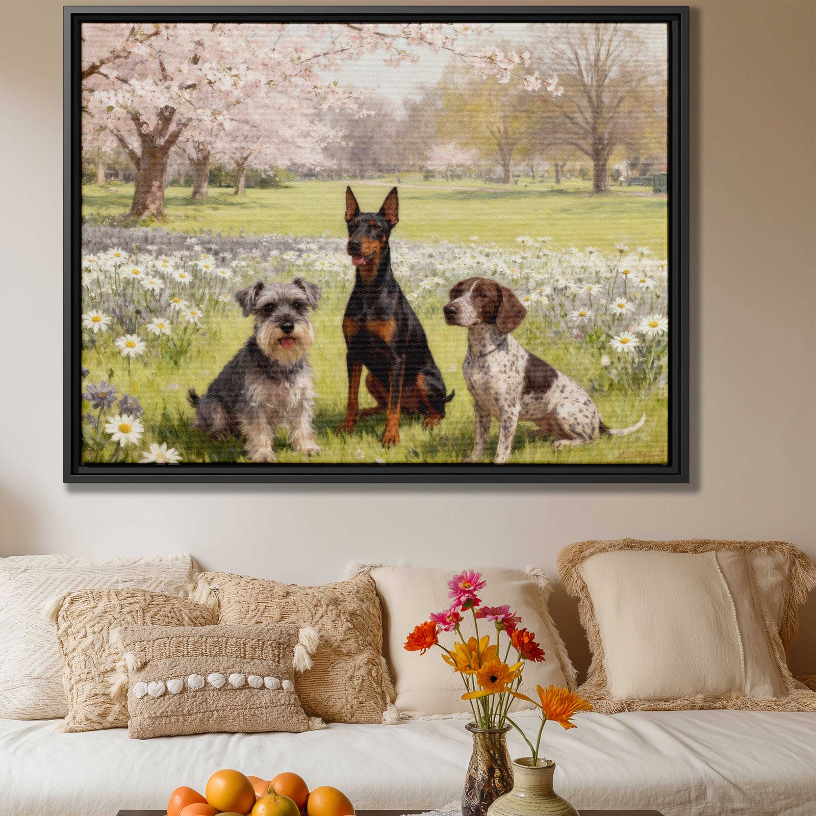 Oil Painting Dog Schnauzer Canvas Wall Art Framed Dog Artwork Living Room Decor