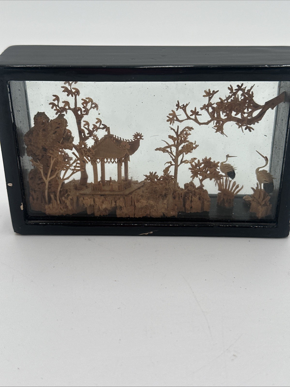 Vintage Chinese Cork Art Shadow Box Pagoda Cranes Scenic Diorama Framed C Detail