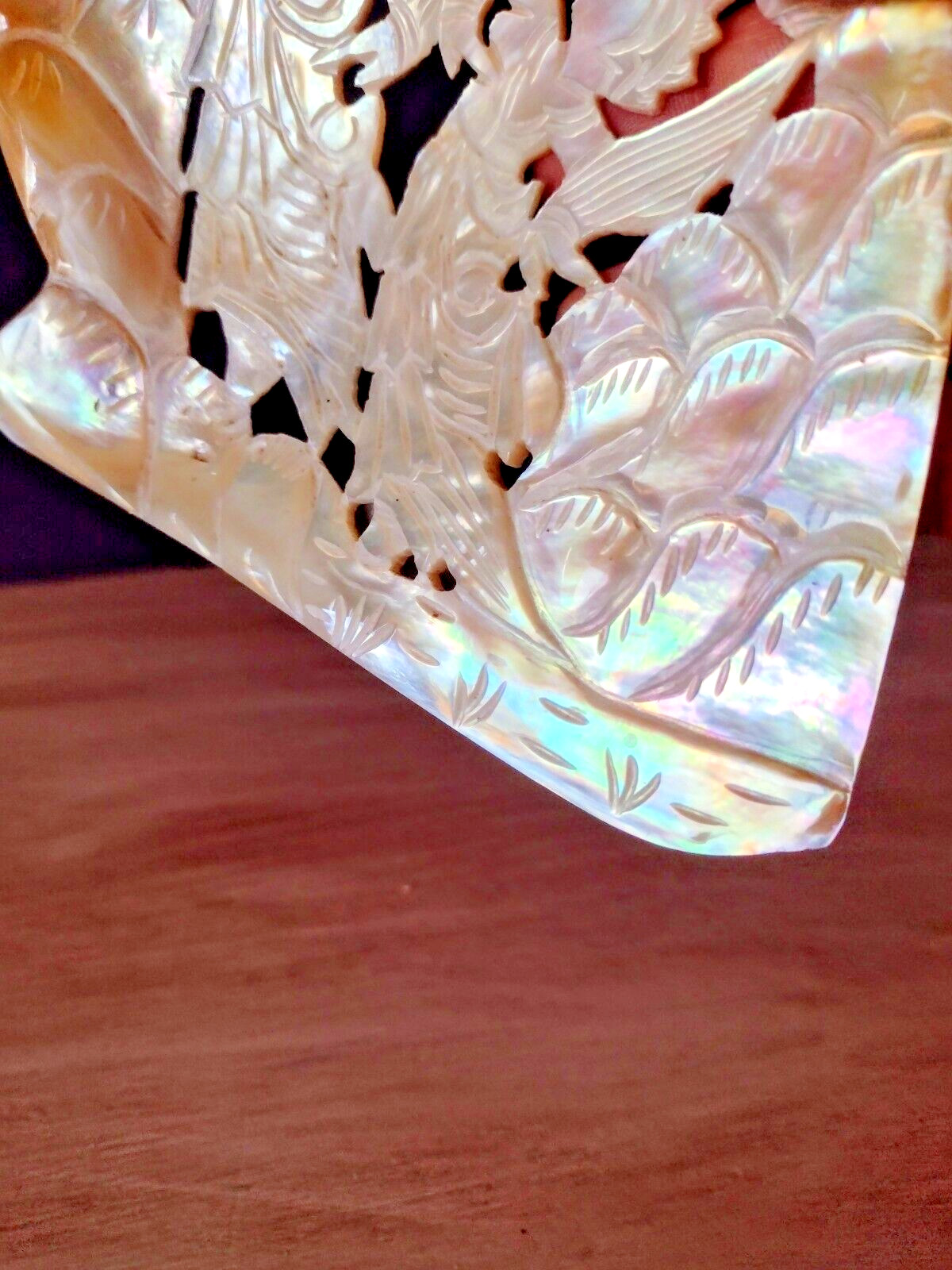 Hand Carved Mother of Pearl Shell Plaque Asian Dancer Abalone Seashell Carving 5