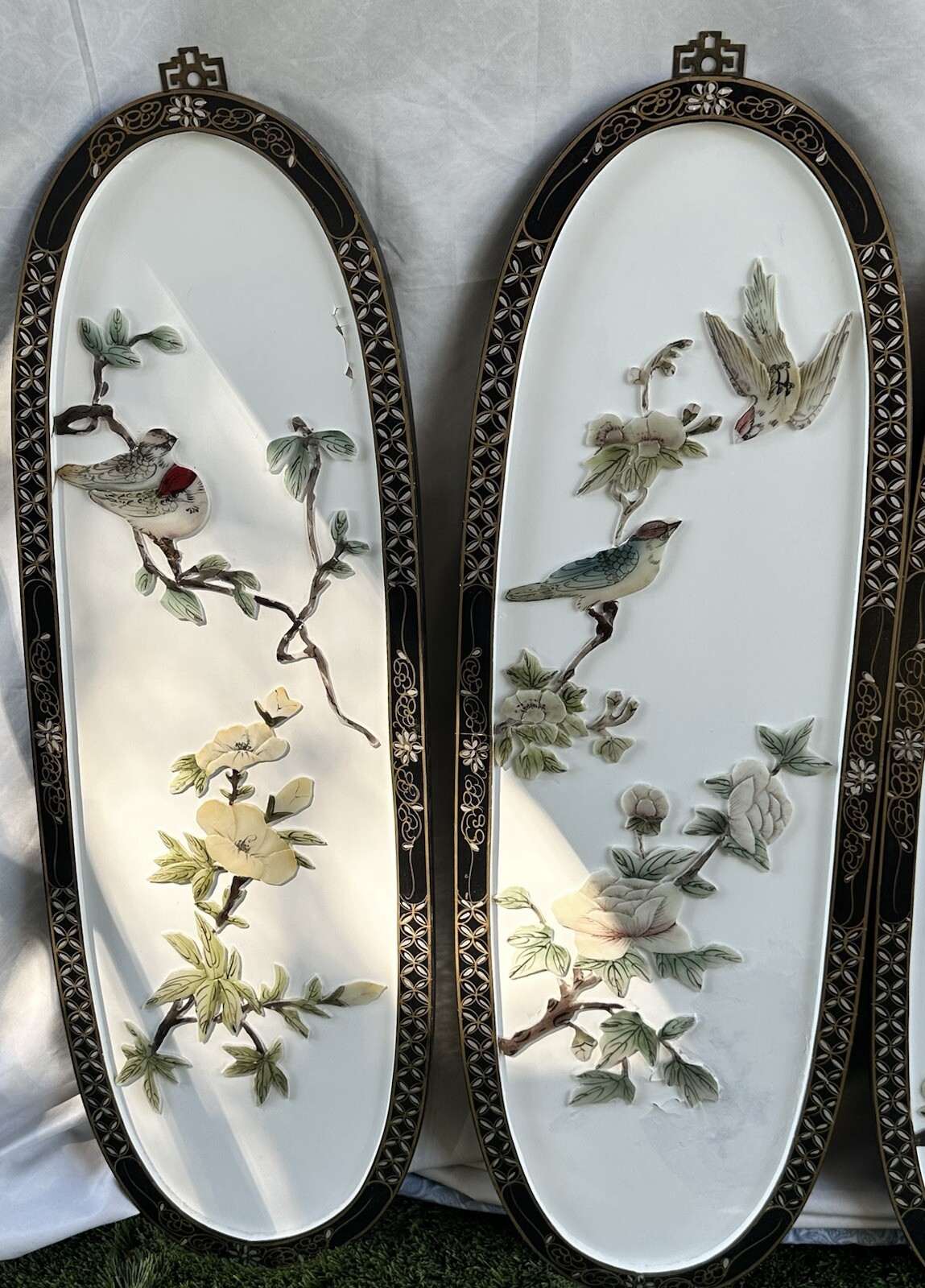 Vintage Chinese Soapstone On Wood Floral And Bird Panels 12” X 36” X 1” Set Of 4