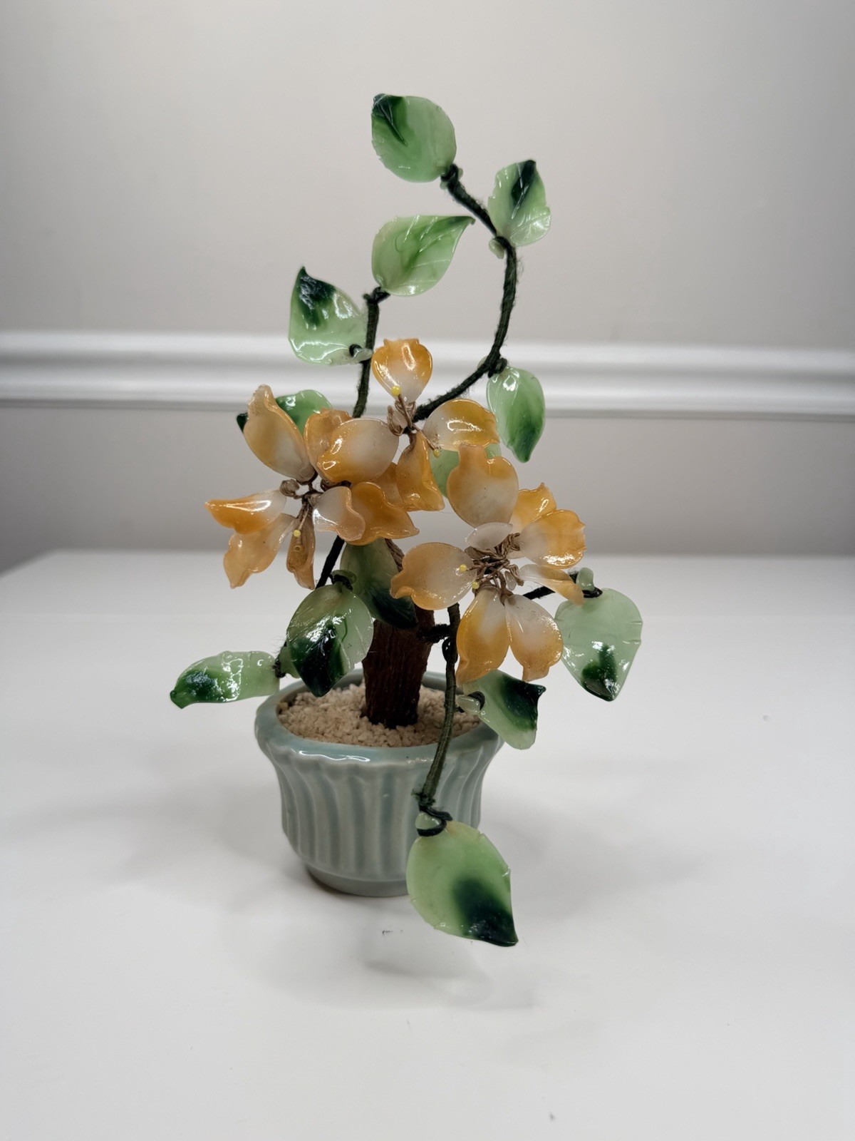 Vintage Asian Jade Glass peach green Cherry Blossom Bonsai Tree 9” Inch