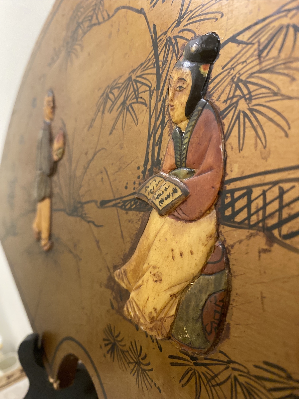 VTG Chinese Lacquered Wooden Painted & Carved Fan Wall Hanging Plaque 18” X 10”