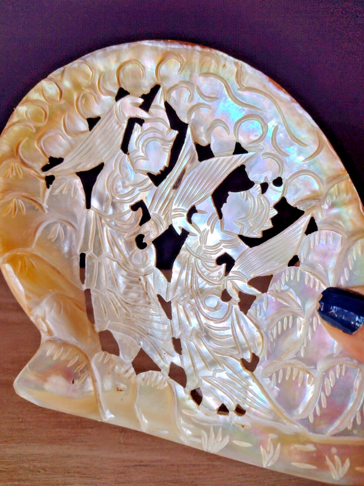 Hand Carved Mother of Pearl Shell Plaque Asian Dancer Abalone Seashell Carving 5