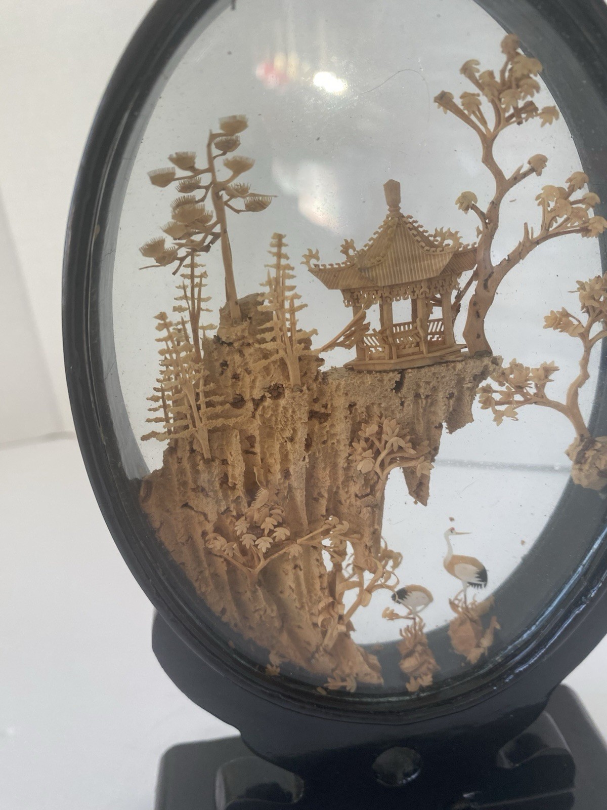 VTG Oriental Hand Carved Cork Art Diorama Pagoda Lacquer Frame Asian Chinese