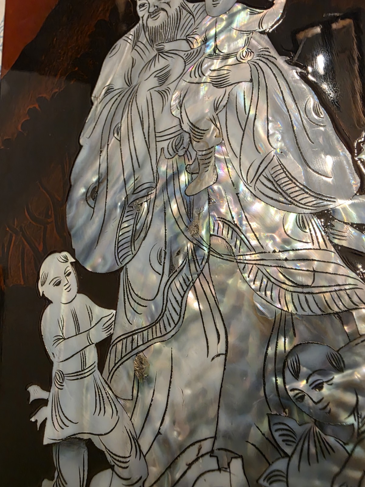 Chinese 4-Panel Black/Brown Lacquer Screen, Mother-of-Pearl Inlay Figures