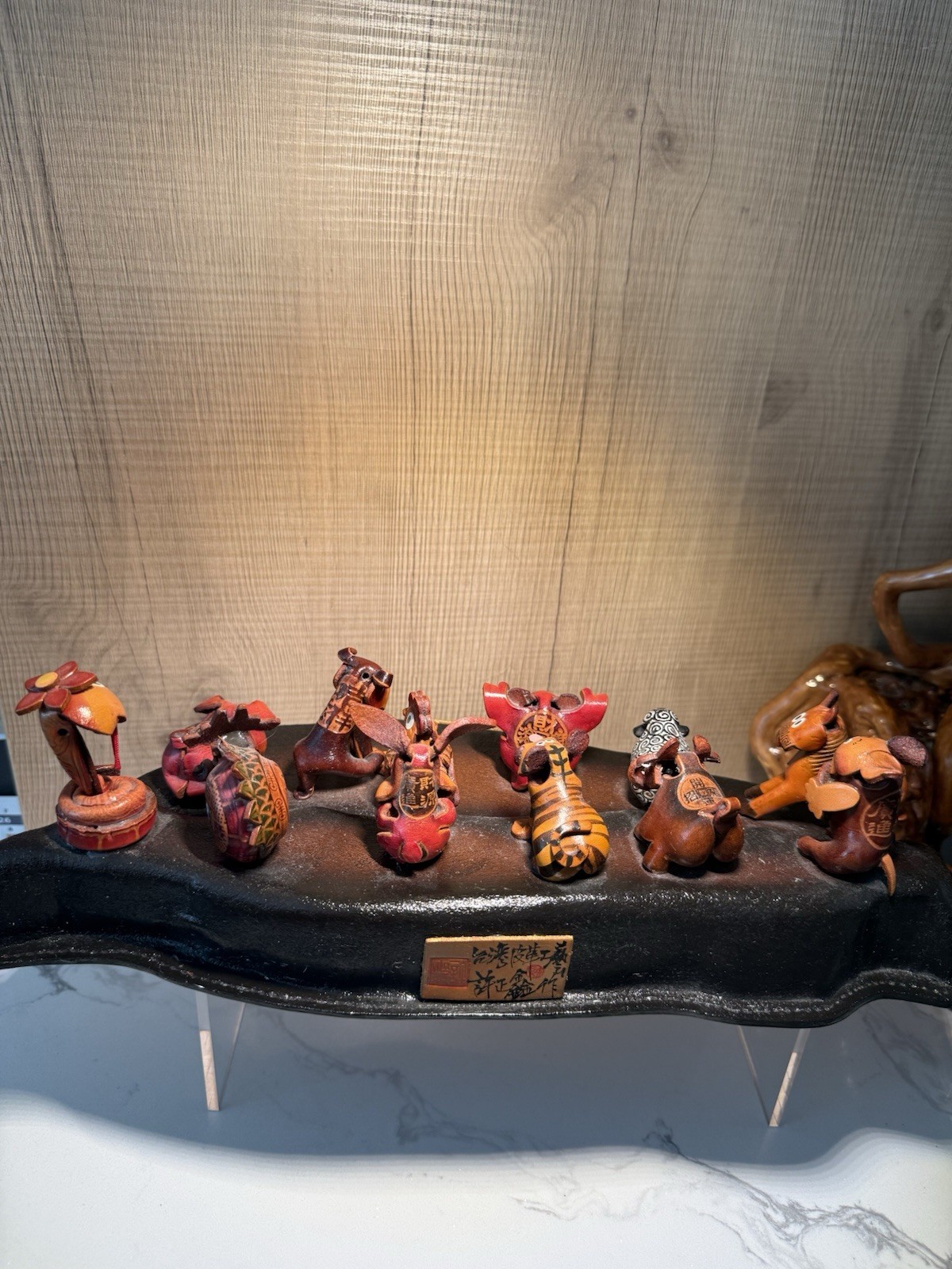 Vintage Handcrafted Leather Chinese Zodiac Animal Figurines on Display Stand