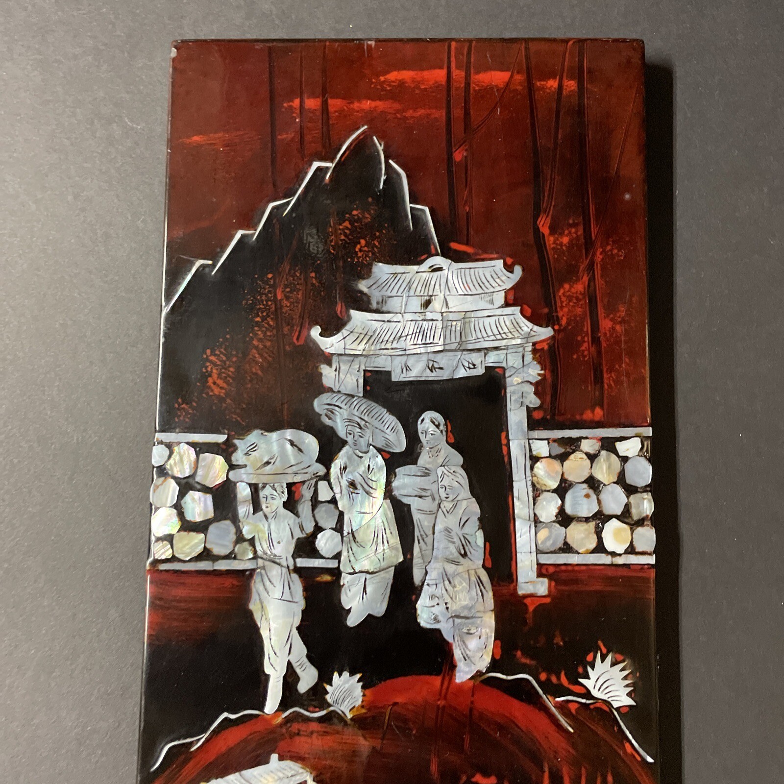 Vintage 1980s China Mother-Of-Pearl Lacquered On Solid Wood Figural Wall Art 15″