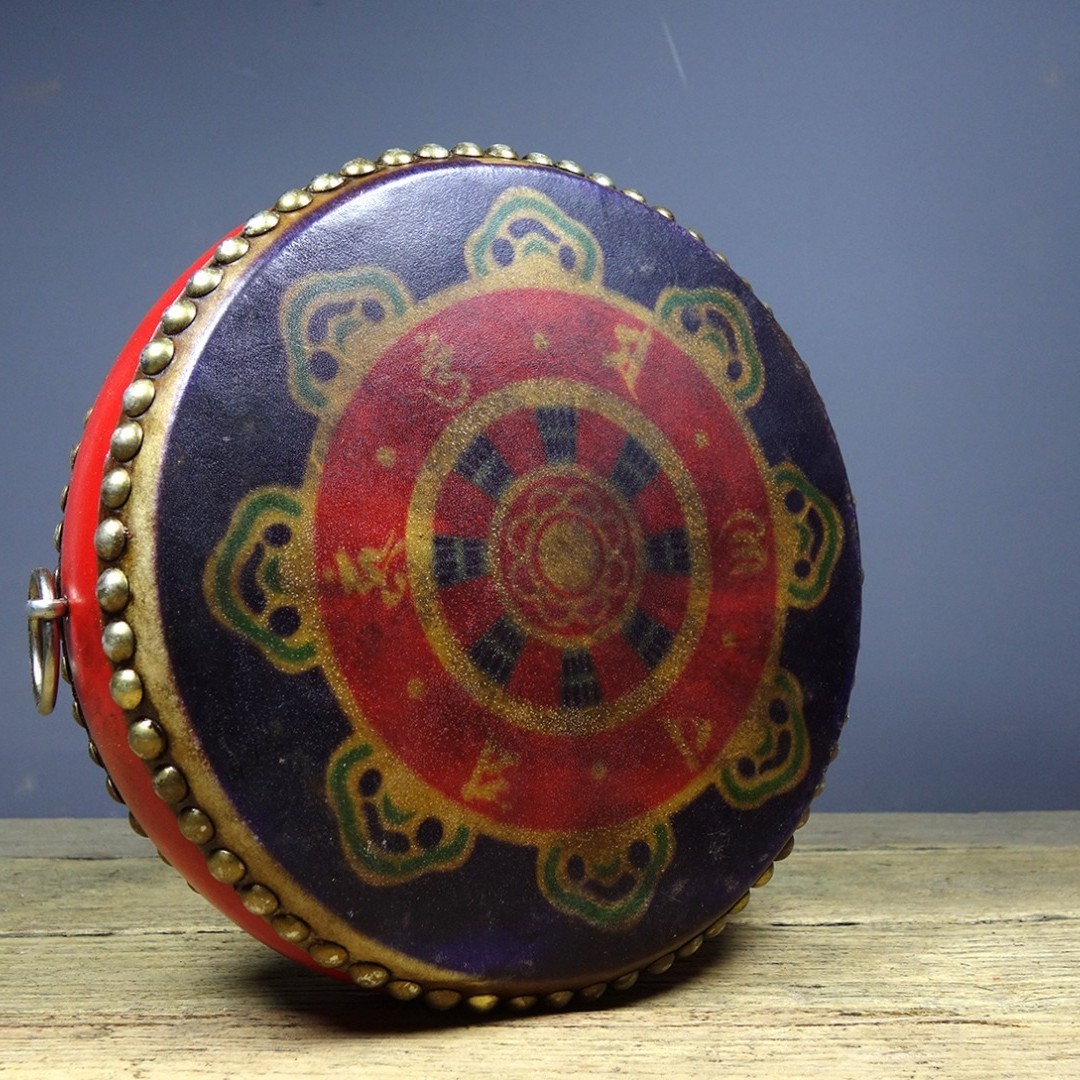 Vintage Hand Painted Cowhide Drum Tibetan Dharma Wheel Decor 25cm