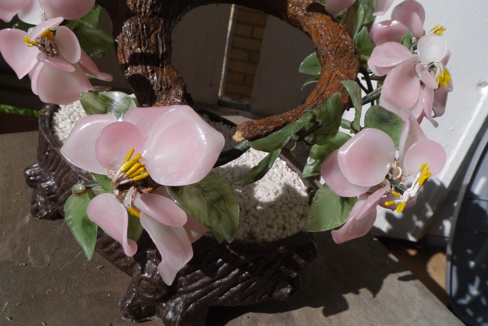 Jade Bonsai Tree Asian Chinese Japanese Art Glass Agate Pot Flowers VTG Dogwood?