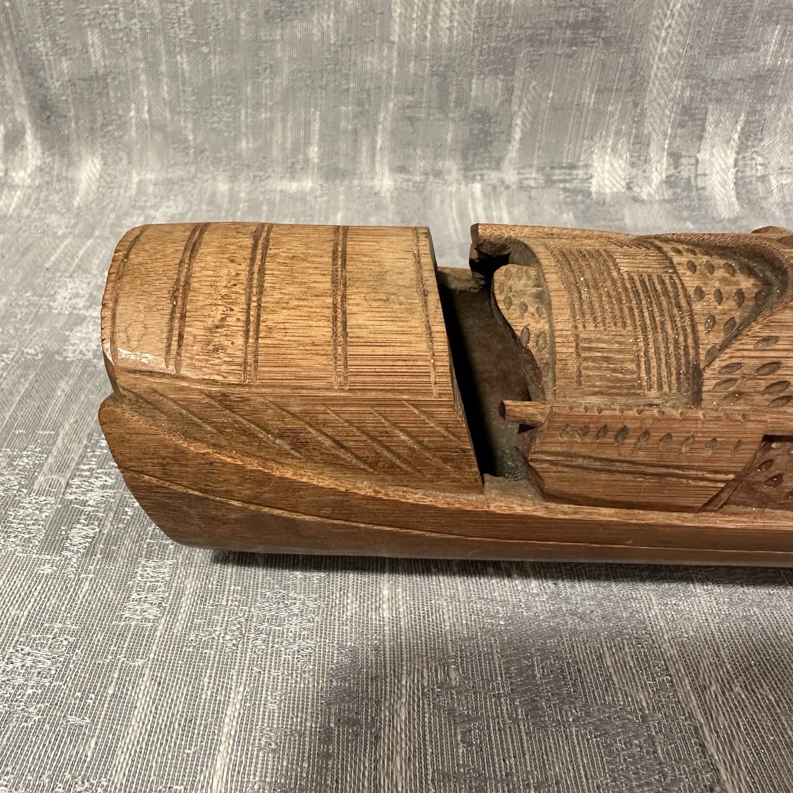 Vtg Chinese Carved Bamboo Junk Fishing Boat Copper Calligraphy Brush Tray Insert