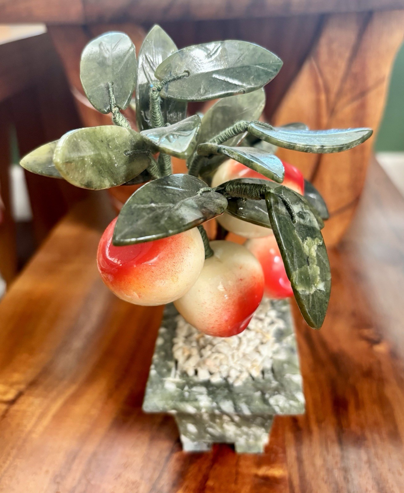 VTG Chinese Glass Jade Bonsai Tree with Plums in Rectangular Planter 7.5″ Tall
